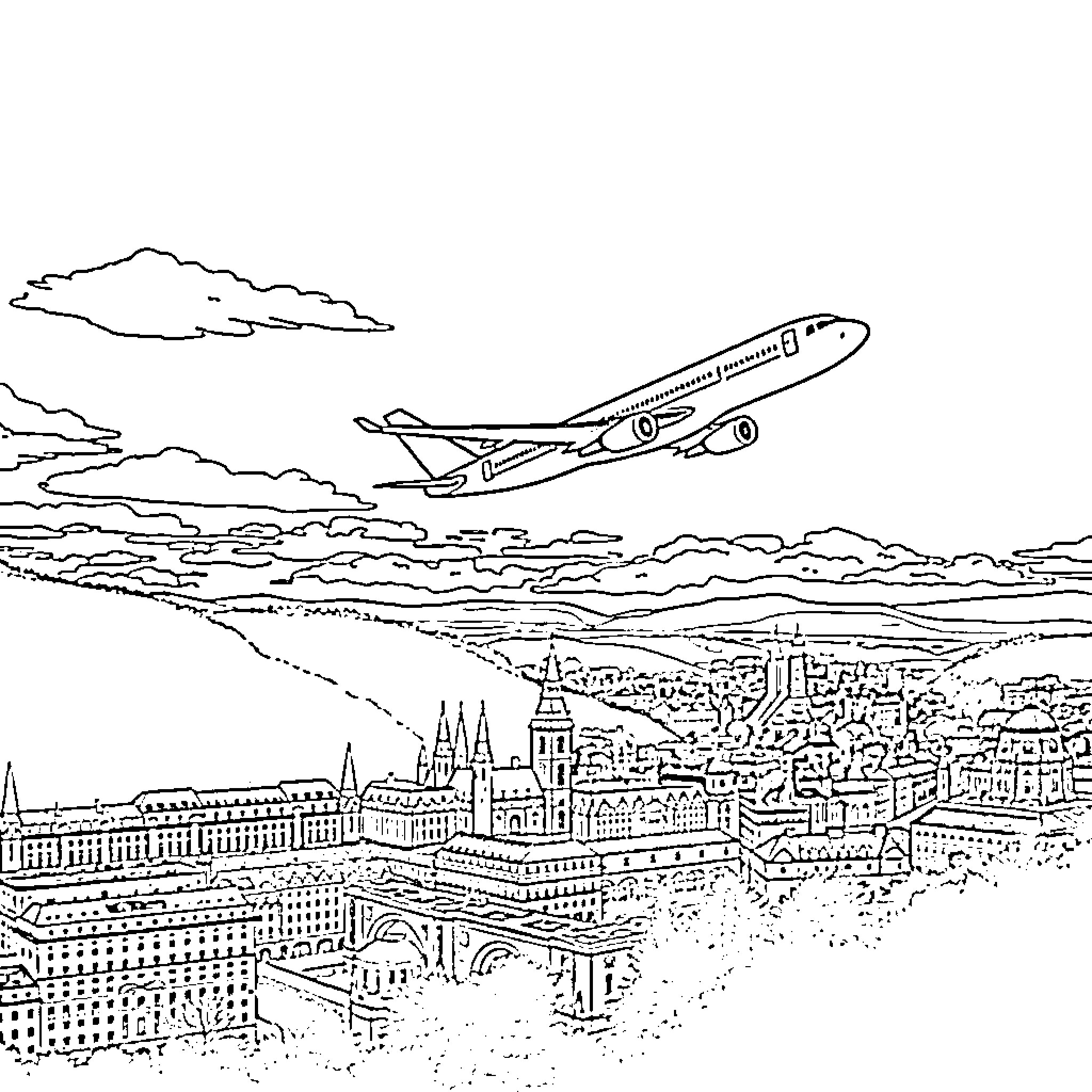 Airplane flying over cityscape with clouds Coloring Page (free black-and-white line drawing printable PDF for all, from beginners to advanced learners, including children, teens, adults, and seniors)