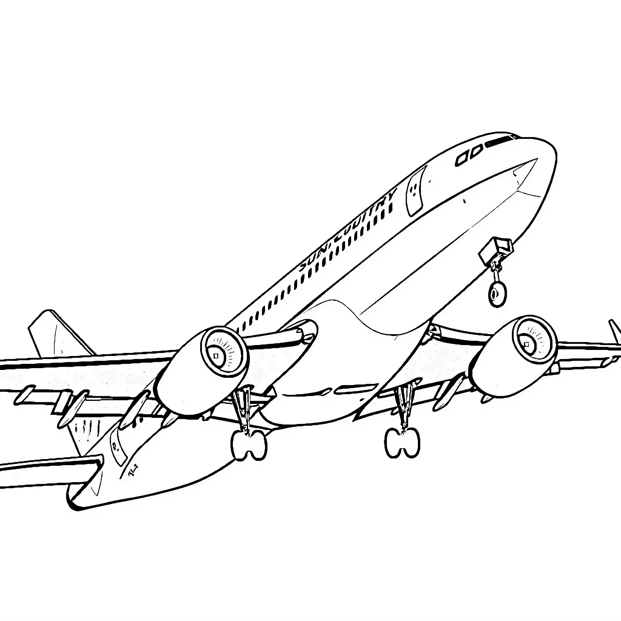 Sun Country 737 in flight Coloring Page (free black-and-white line drawing printable PDF for all, from beginners to advanced learners, including children, teens, adults, and seniors)