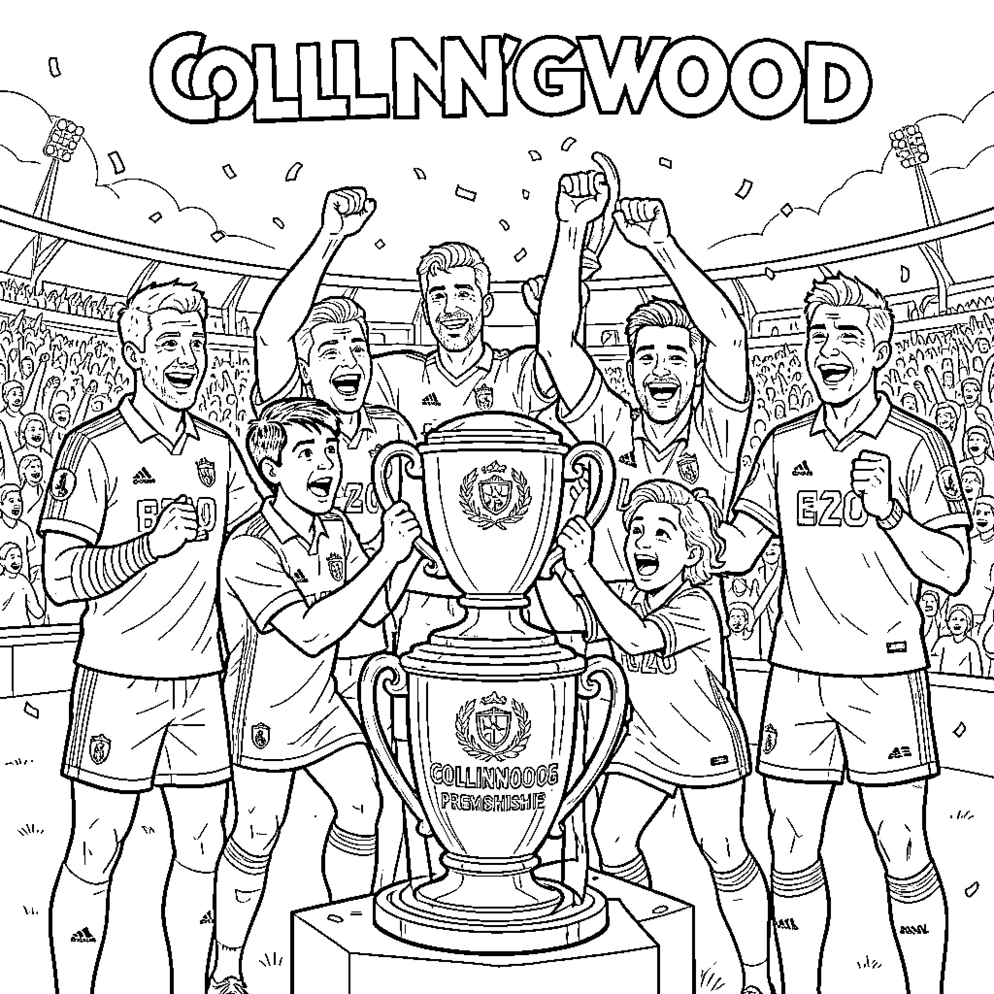 Collingwood players and fans celebrating a trophy victory Coloring Page (free black-and-white line drawing printable PDF for all, from beginners to advanced learners, including children, teens, adults, and seniors)