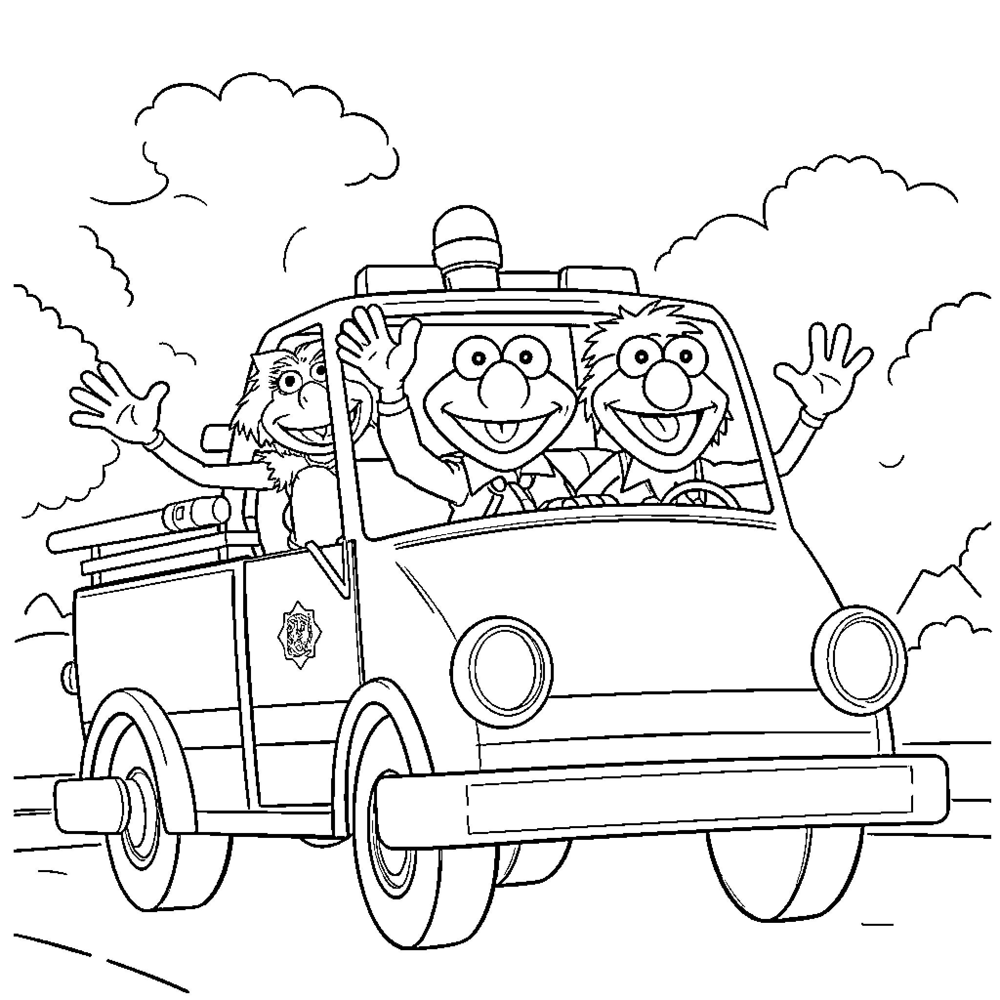 Muppet characters riding in a police car Coloring Page (free black-and-white line drawing printable PDF for all, from beginners to advanced learners, including children, teens, adults, and seniors)