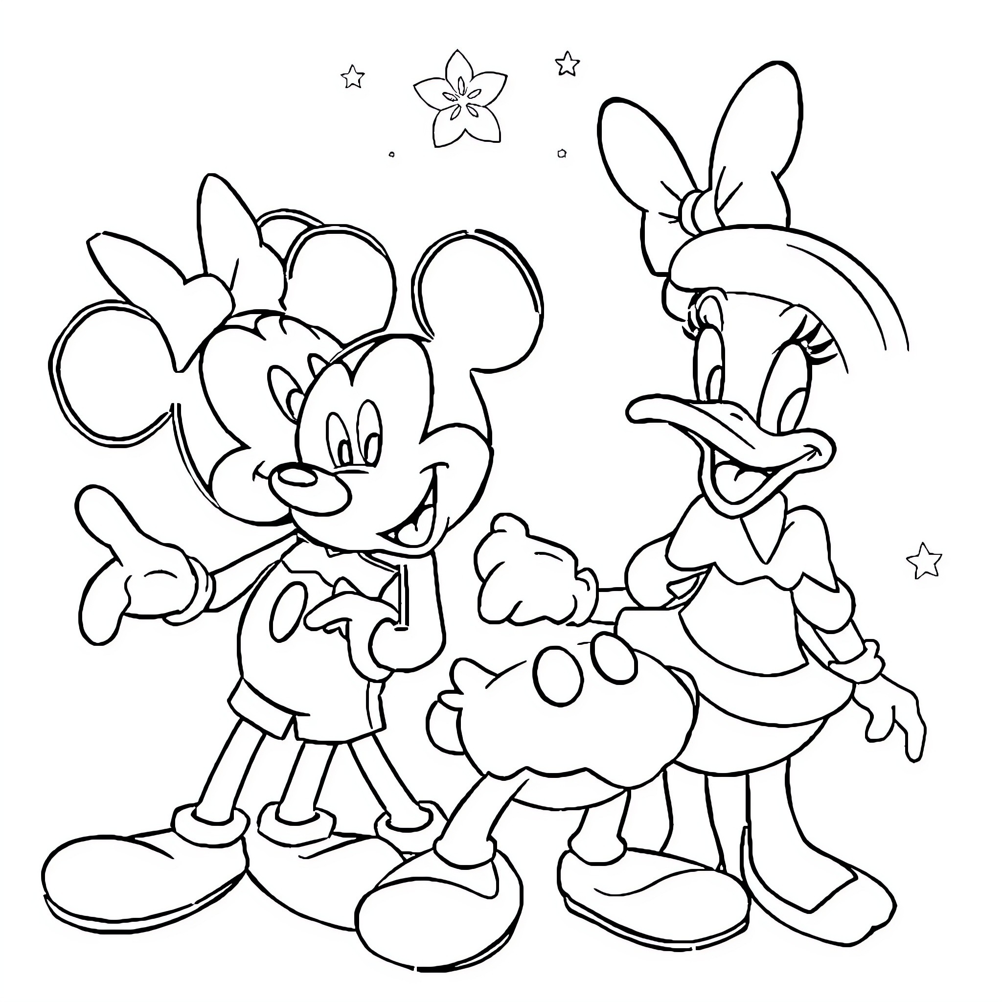 Disney Characters Playfully Interacting Coloring Page (free black-and-white line drawing printable PDF for all, from beginners to advanced learners, including children, teens, adults, and seniors)