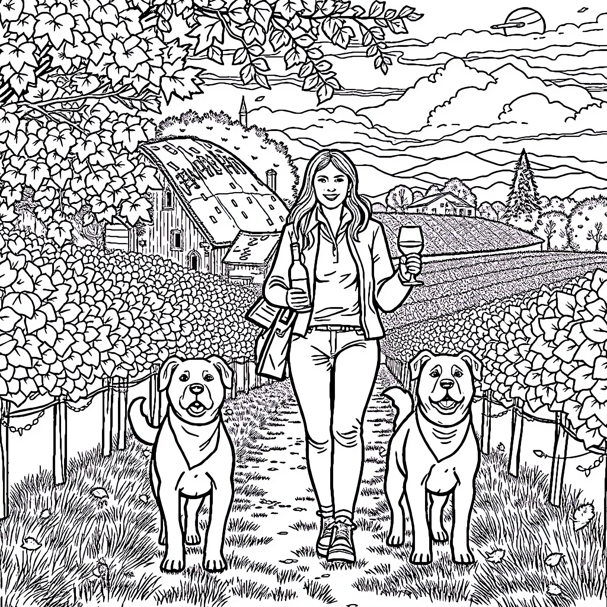 Person walking with dogs in countryside scene Coloring Page (free black-and-white line drawing printable PDF for all, from beginners to advanced learners, including children, teens, adults, and seniors)