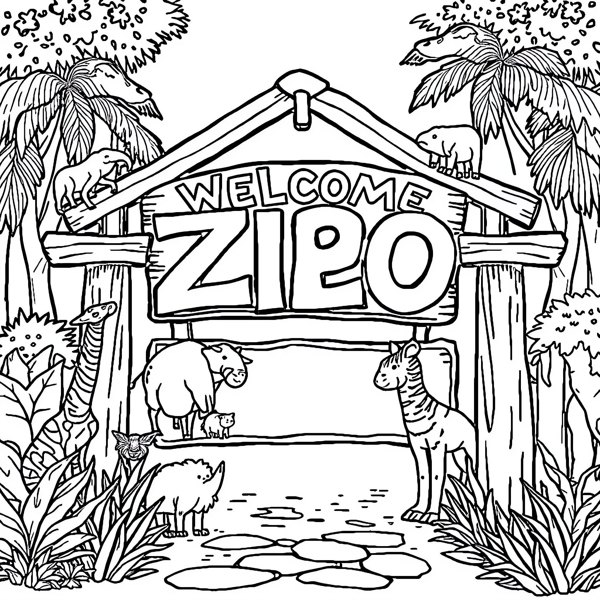Zoo Sign with Jungle Animals and Vegetation Coloring Page (free black-and-white line drawing printable PDF for all, from beginners to advanced learners, including children, teens, adults, and seniors)