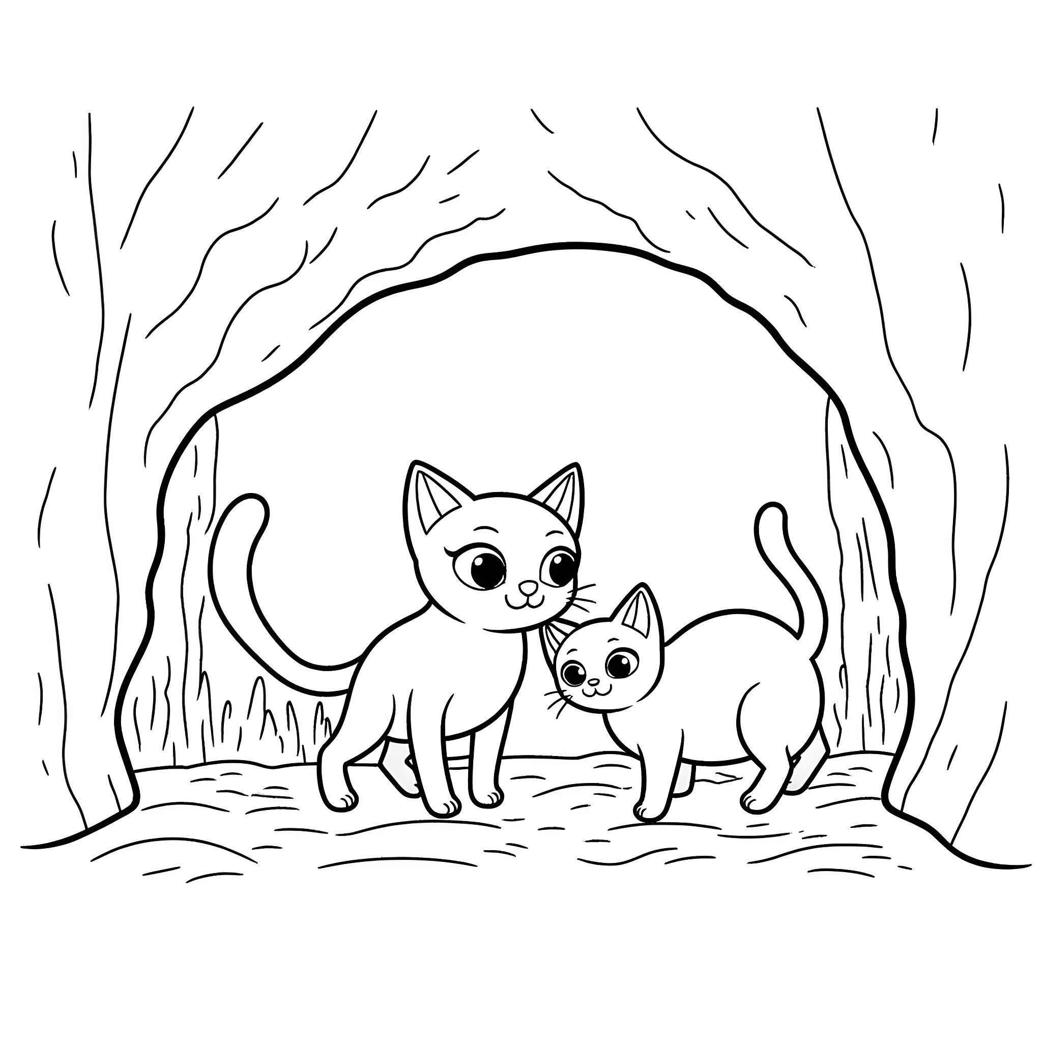 Cats exploring the forest Coloring Page (free black-and-white line drawing printable PDF for all, from beginners to advanced learners, including children, teens, adults, and seniors)