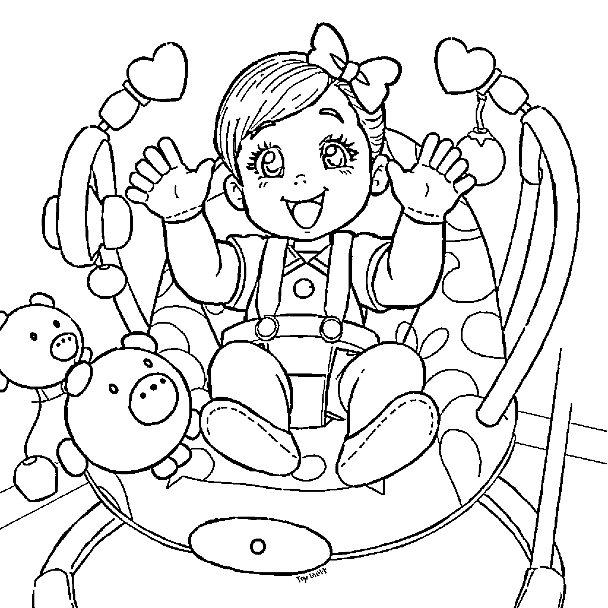 Tifa's Joyful Playtime with Stuffed Animals Coloring Page (free black-and-white line drawing printable PDF for all, from beginners to advanced learners, including children, teens, adults, and seniors)