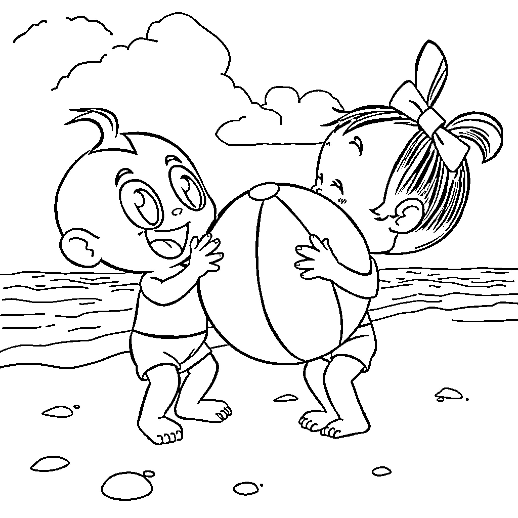 Upin Ipin playing with beach ball on the shore Coloring Page (free black-and-white line drawing printable PDF for all, from beginners to advanced learners, including children, teens, adults, and seniors)