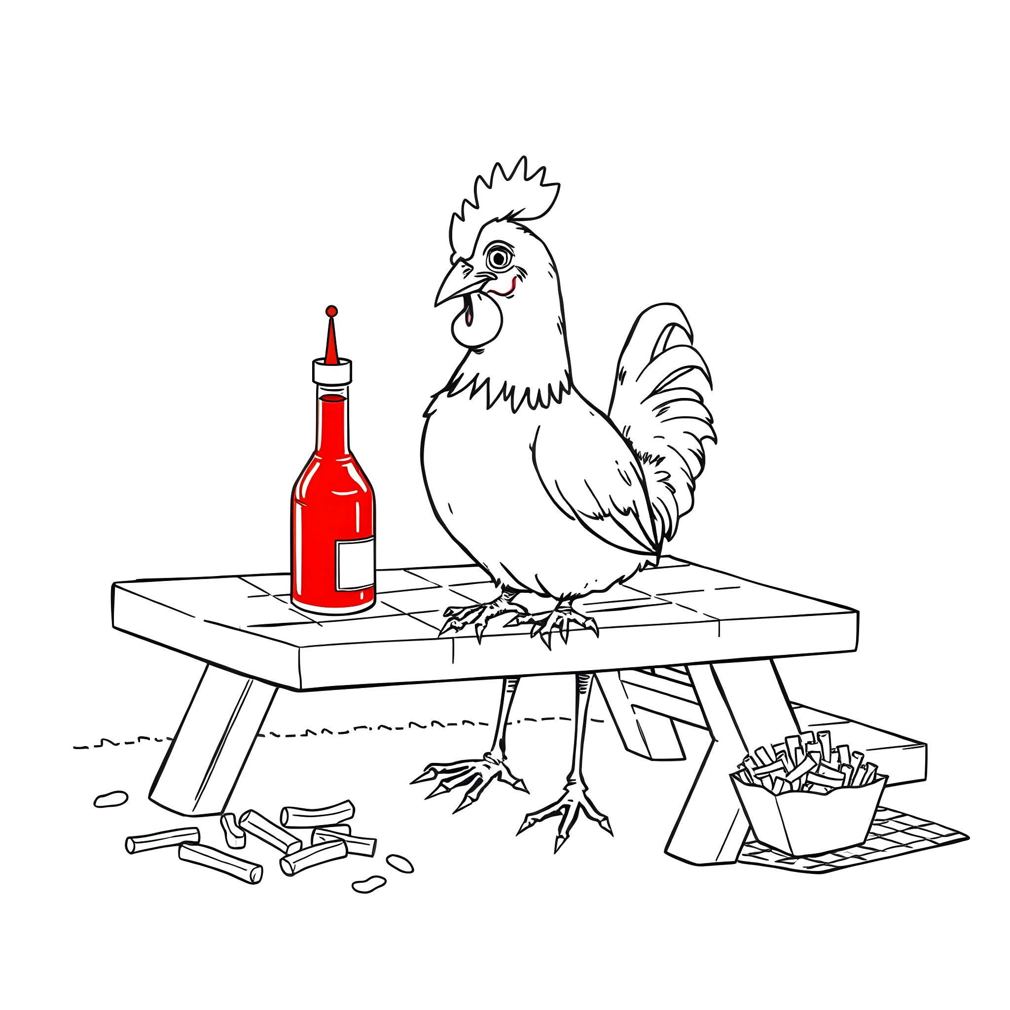 Chicken standing on a table with a bottle and fries Coloring Page (free black-and-white line drawing printable PDF for all, from beginners to advanced learners, including children, teens, adults, and seniors)