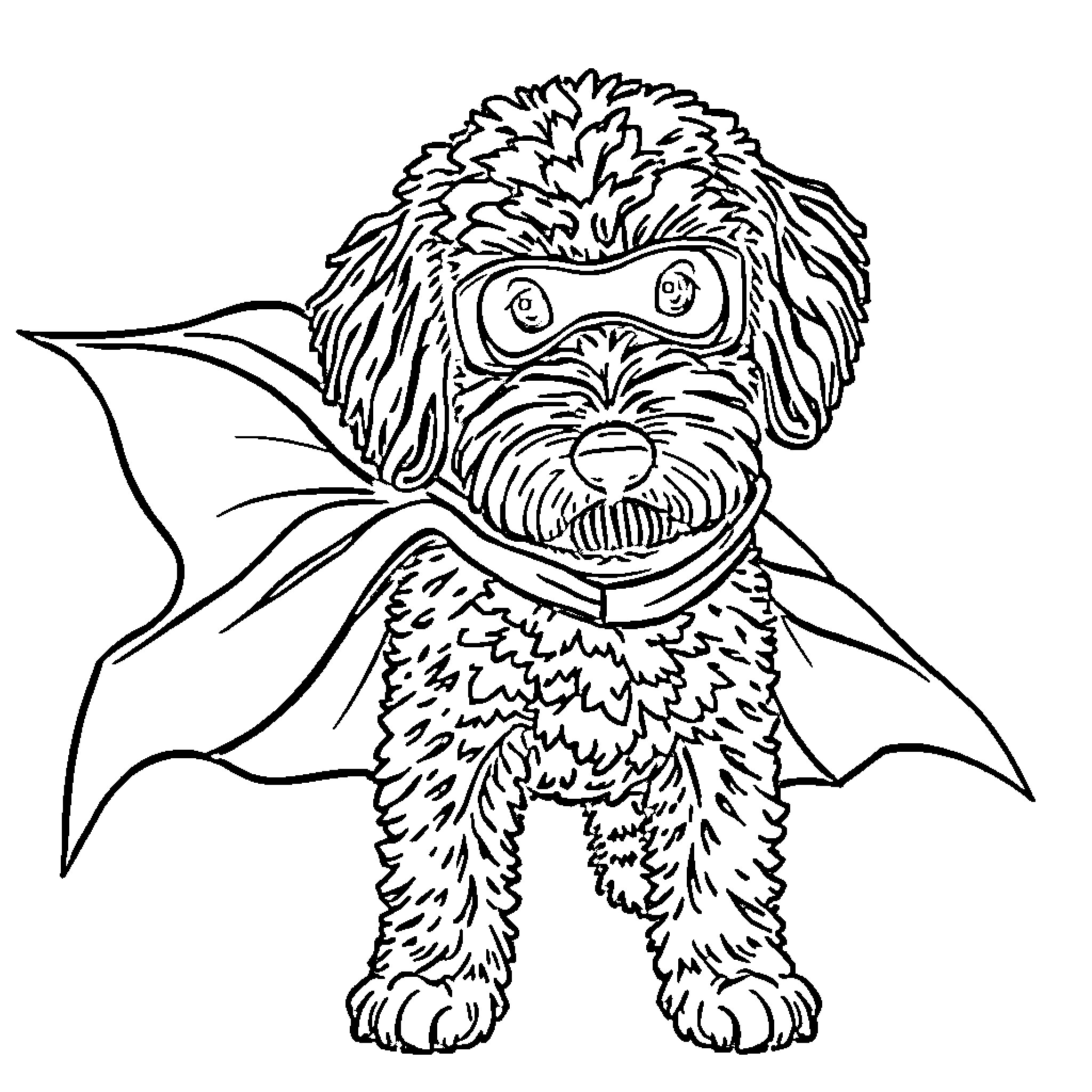 Labradoodle in costume with wings Coloring Page (free black-and-white line drawing printable PDF for all, from beginners to advanced learners, including children, teens, adults, and seniors)