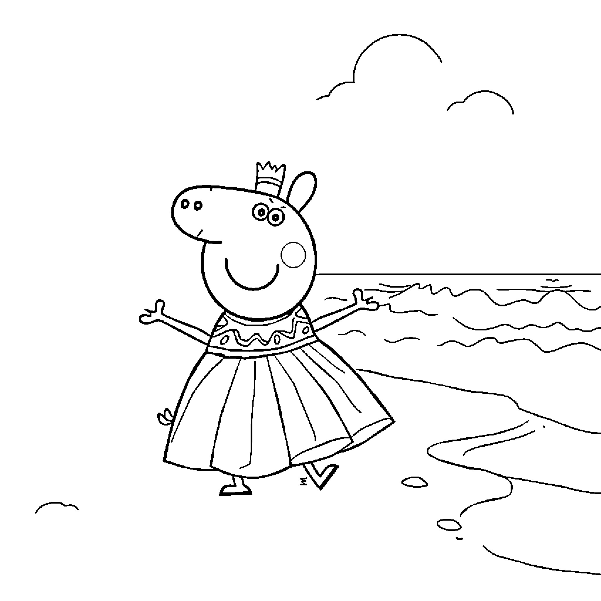 Peppa Pig playing by the beach Coloring Page (free black-and-white line drawing printable PDF for all, from beginners to advanced learners, including children, teens, adults, and seniors)