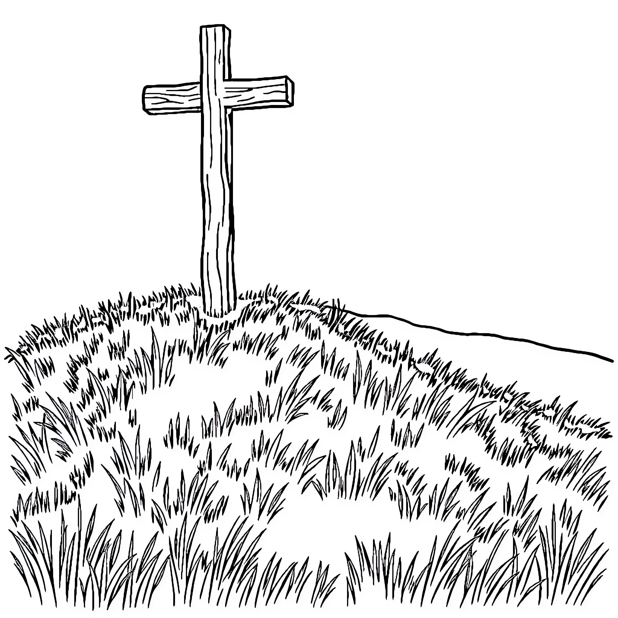 Cross on Grassy Hill Coloring Page (free black-and-white line drawing printable PDF for all, from beginners to advanced learners, including children, teens, adults, and seniors)