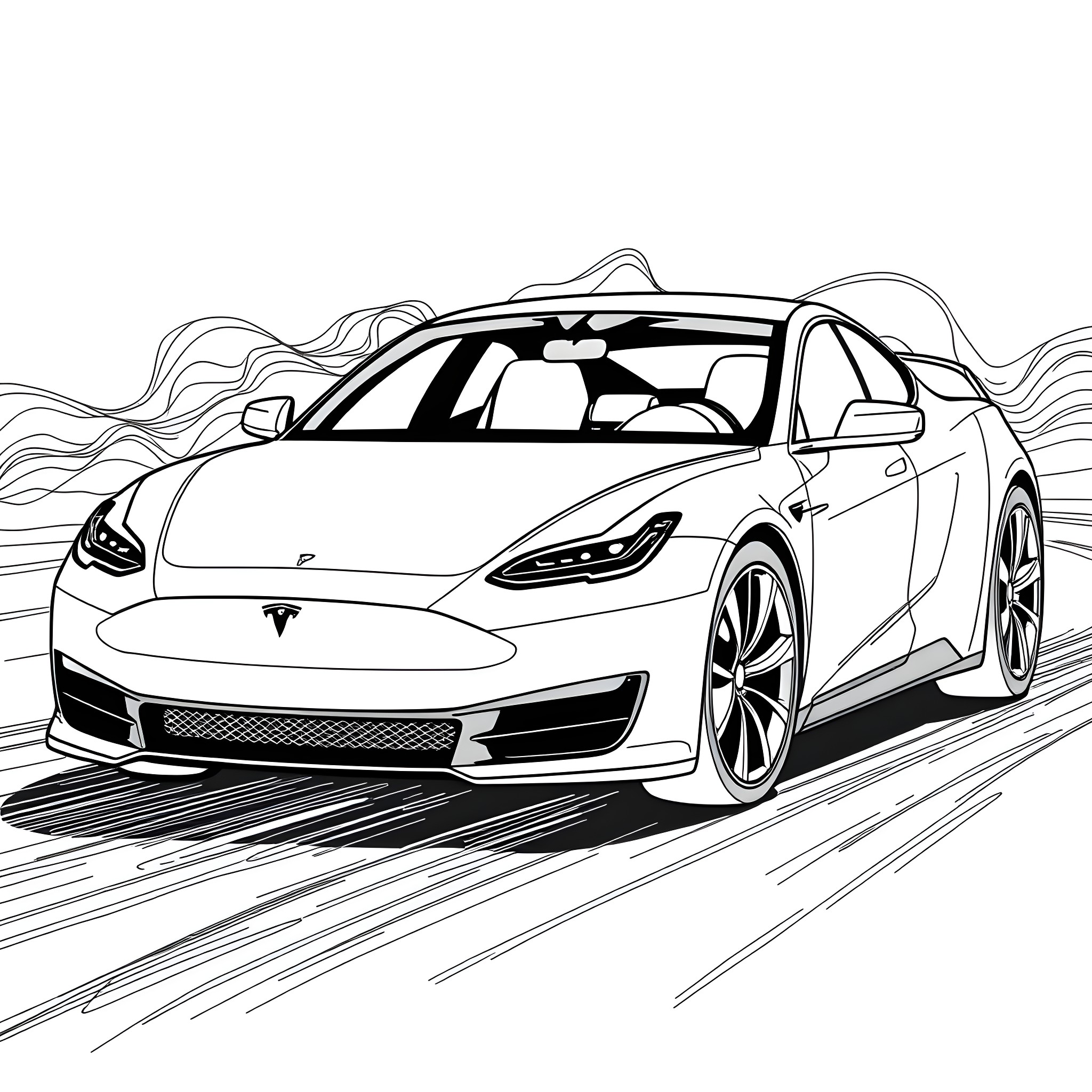 Tesla speeding on the open road Coloring Page (free black-and-white line drawing printable PDF for all, from beginners to advanced learners, including children, teens, adults, and seniors)