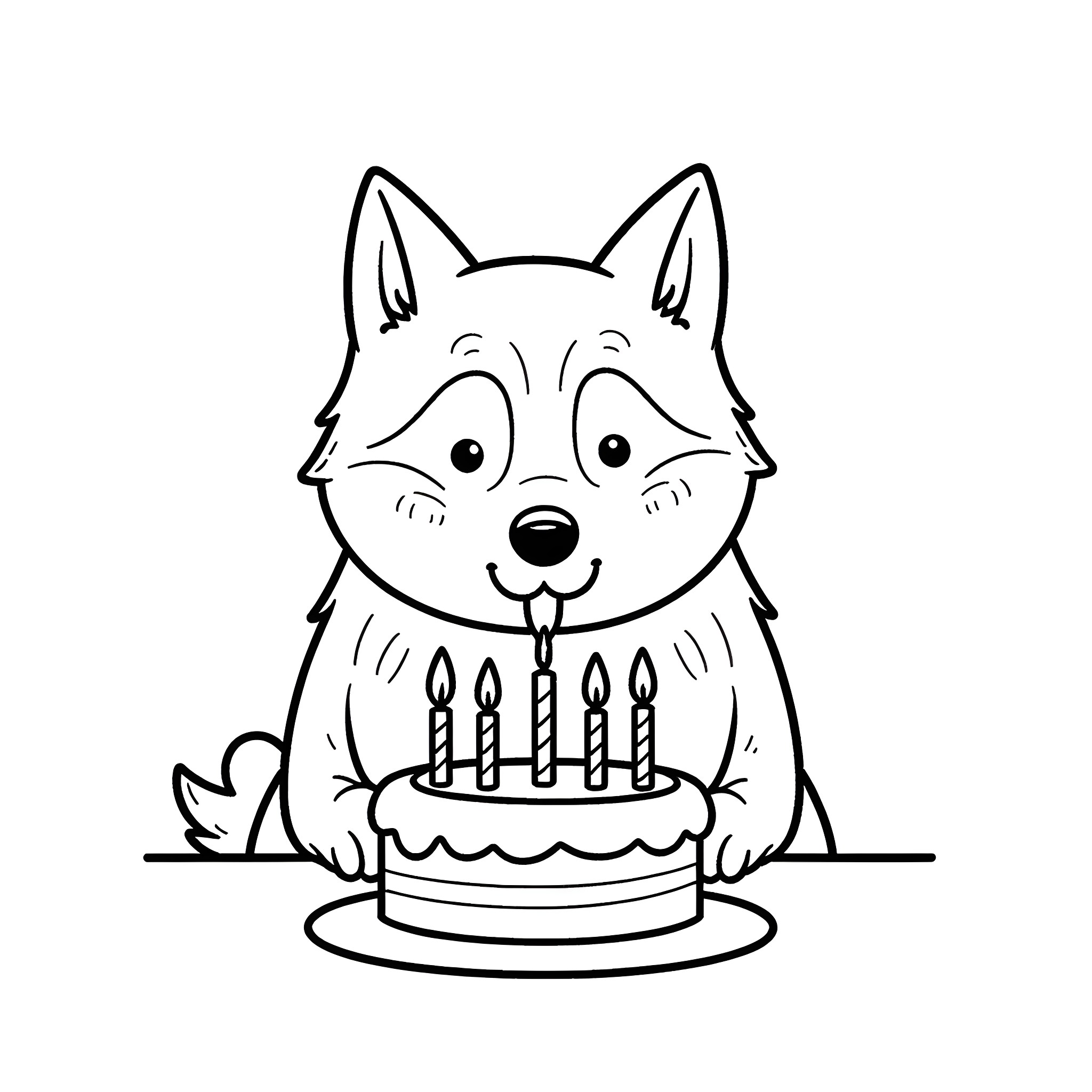 Husky celebrating birthday with cake Coloring Page (free black-and-white line drawing printable PDF for all, from beginners to advanced learners, including children, teens, adults, and seniors)