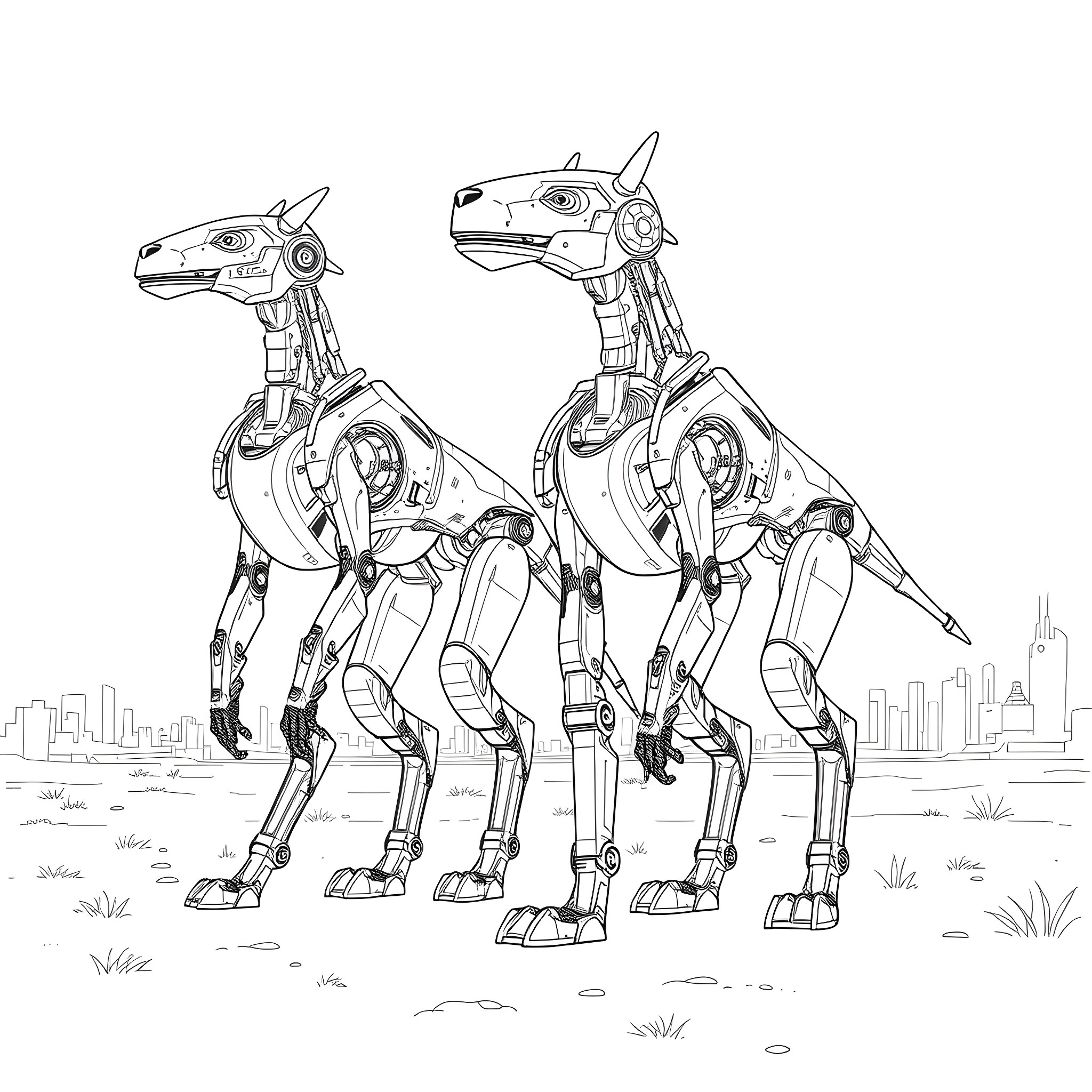 Robot Canines in Futuristic Landscape Coloring Page (free black-and-white line drawing printable PDF for all, from beginners to advanced learners, including children, teens, adults, and seniors)