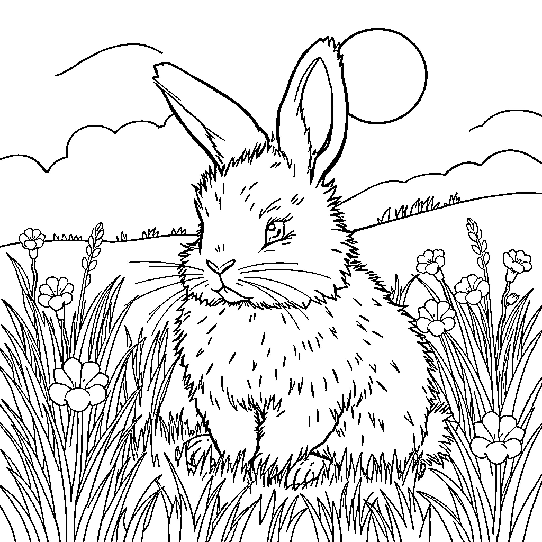 Bunny resting in a flowery meadow Coloring Page (free black-and-white line drawing printable PDF for all, from beginners to advanced learners, including children, teens, adults, and seniors)