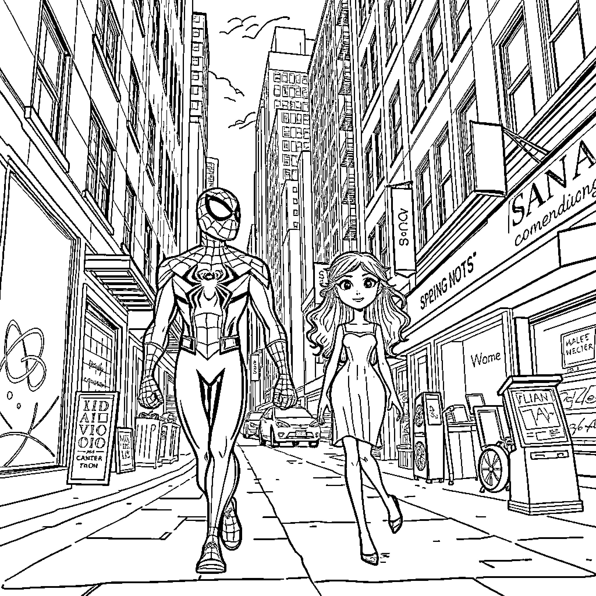 Spider-Man and Girl Explore Vibrant City Street Coloring Page (free black-and-white line drawing printable PDF for all, from beginners to advanced learners, including children, teens, adults, and seniors)