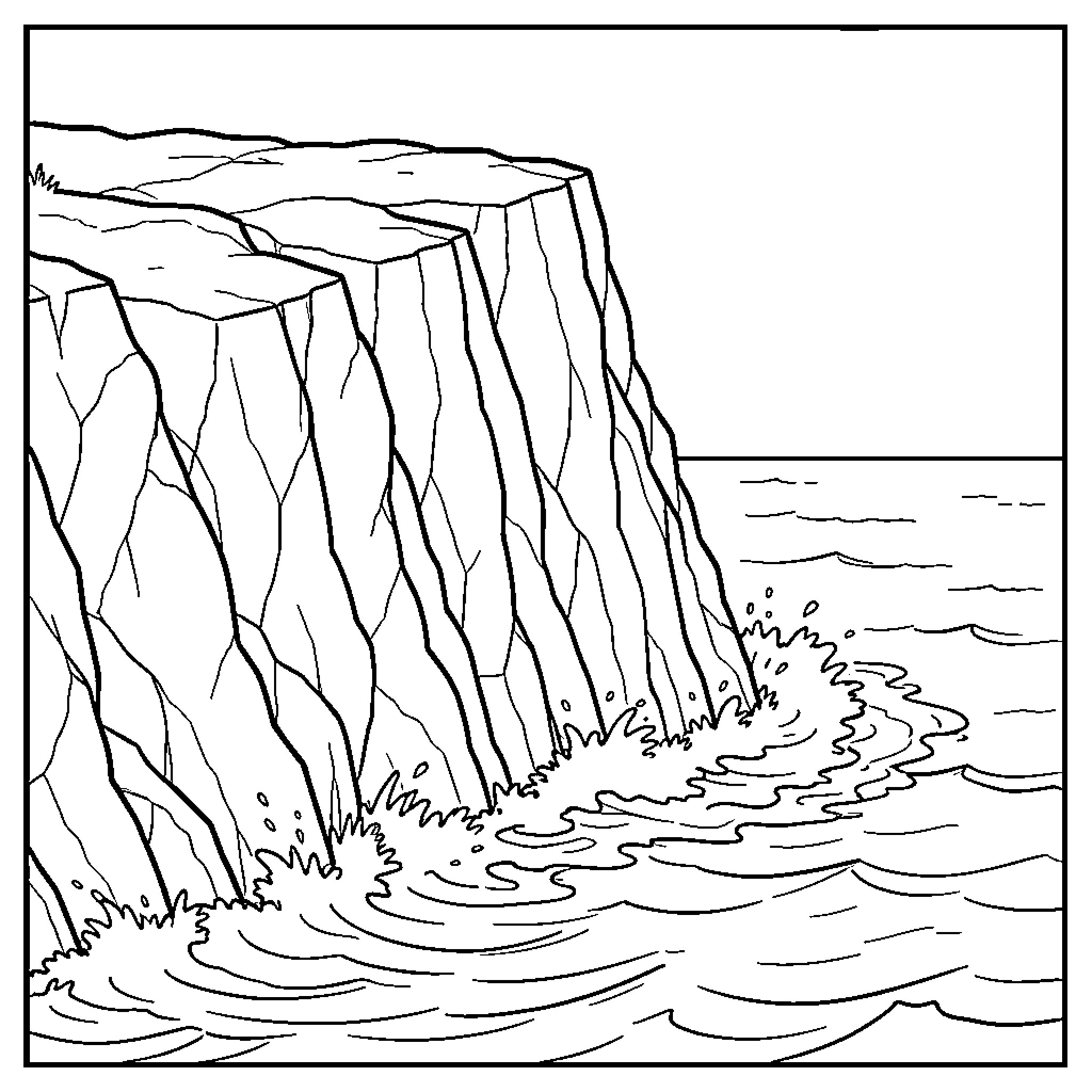 Sun Ken Rock overlooking steep cliffs and ocean waves Coloring Page (free black-and-white line drawing printable PDF for all, from beginners to advanced learners, including children, teens, adults, and seniors)