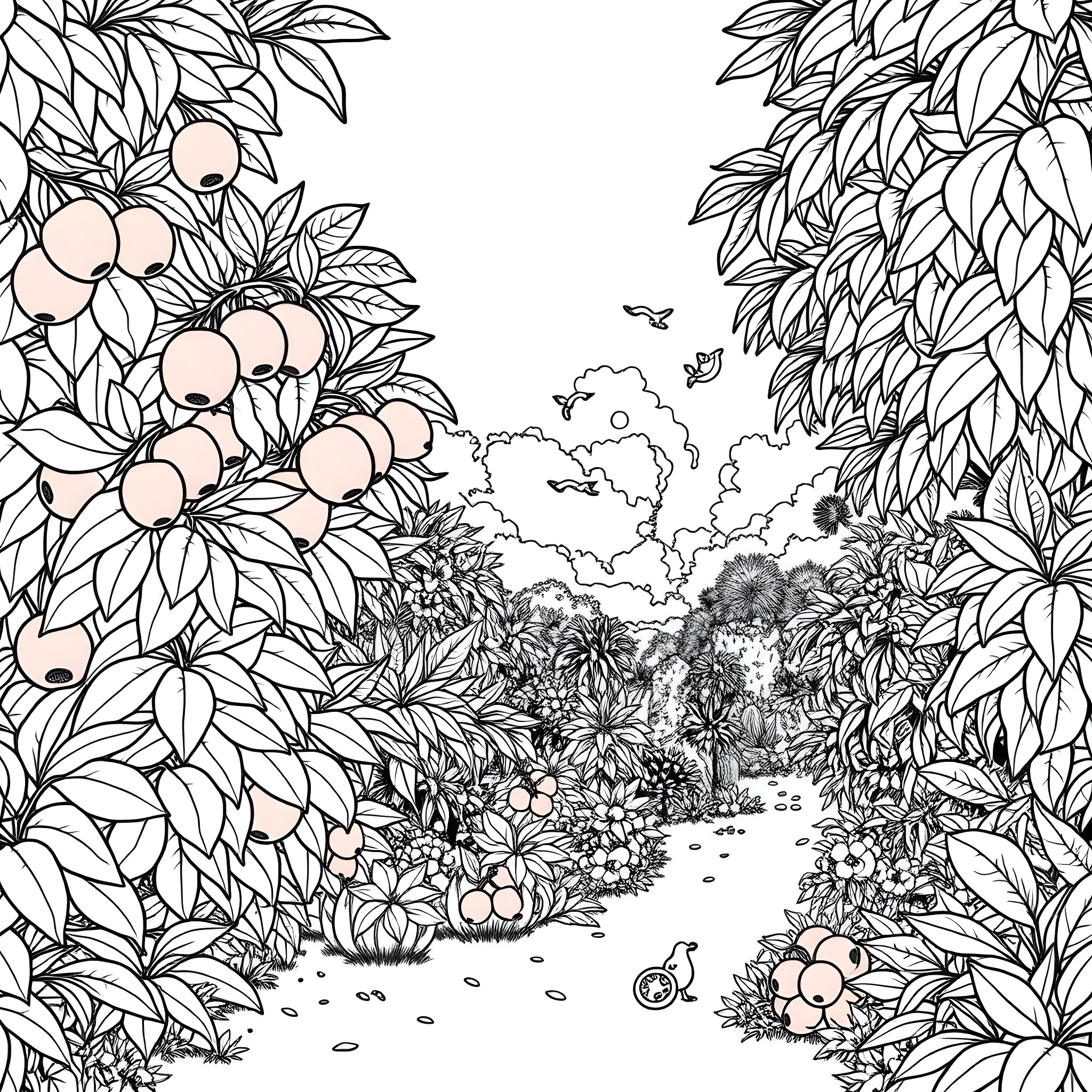 Araza: Enchanting Tropical Garden Landscape Coloring Page (free black-and-white line drawing printable PDF for all, from beginners to advanced learners, including children, teens, adults, and seniors)