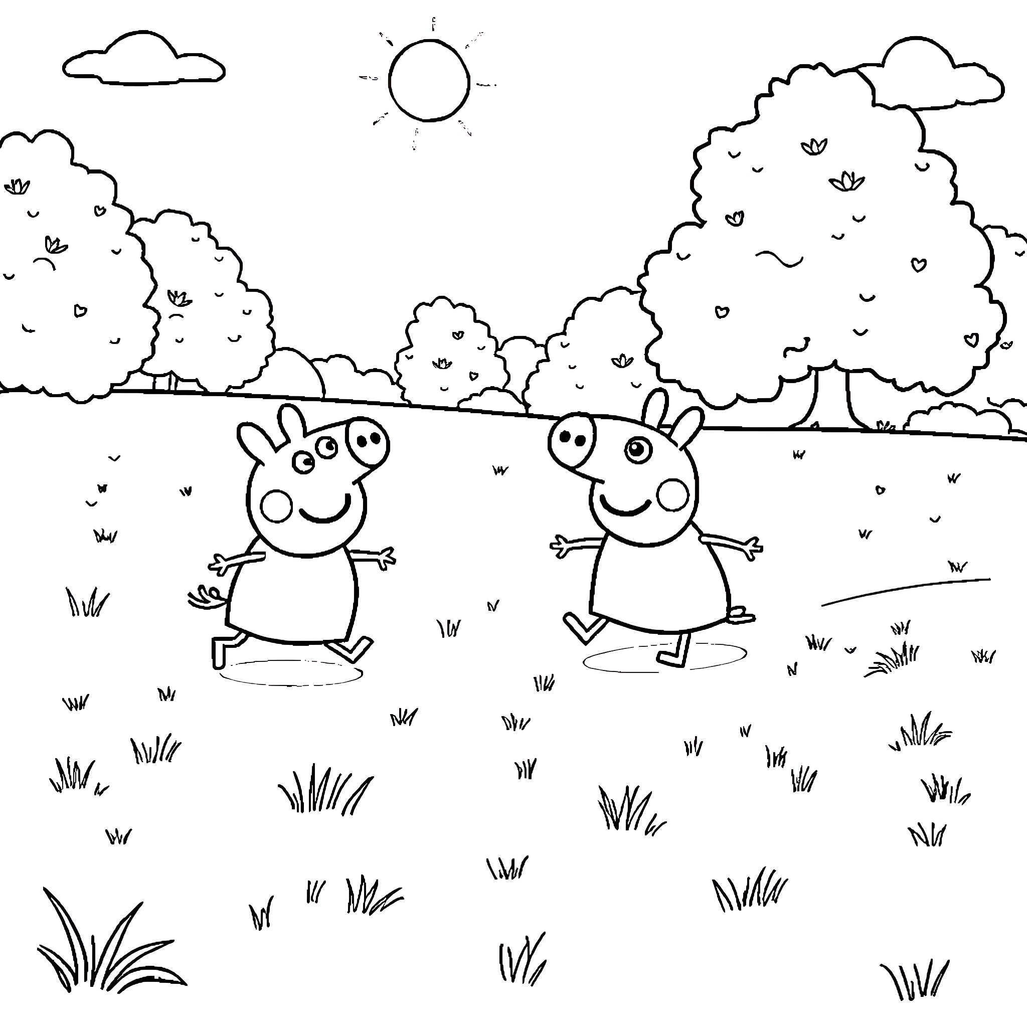 Bluey and Peppa Pig enjoying a sunny day outside Coloring Page (free black-and-white line drawing printable PDF for all, from beginners to advanced learners, including children, teens, adults, and seniors)