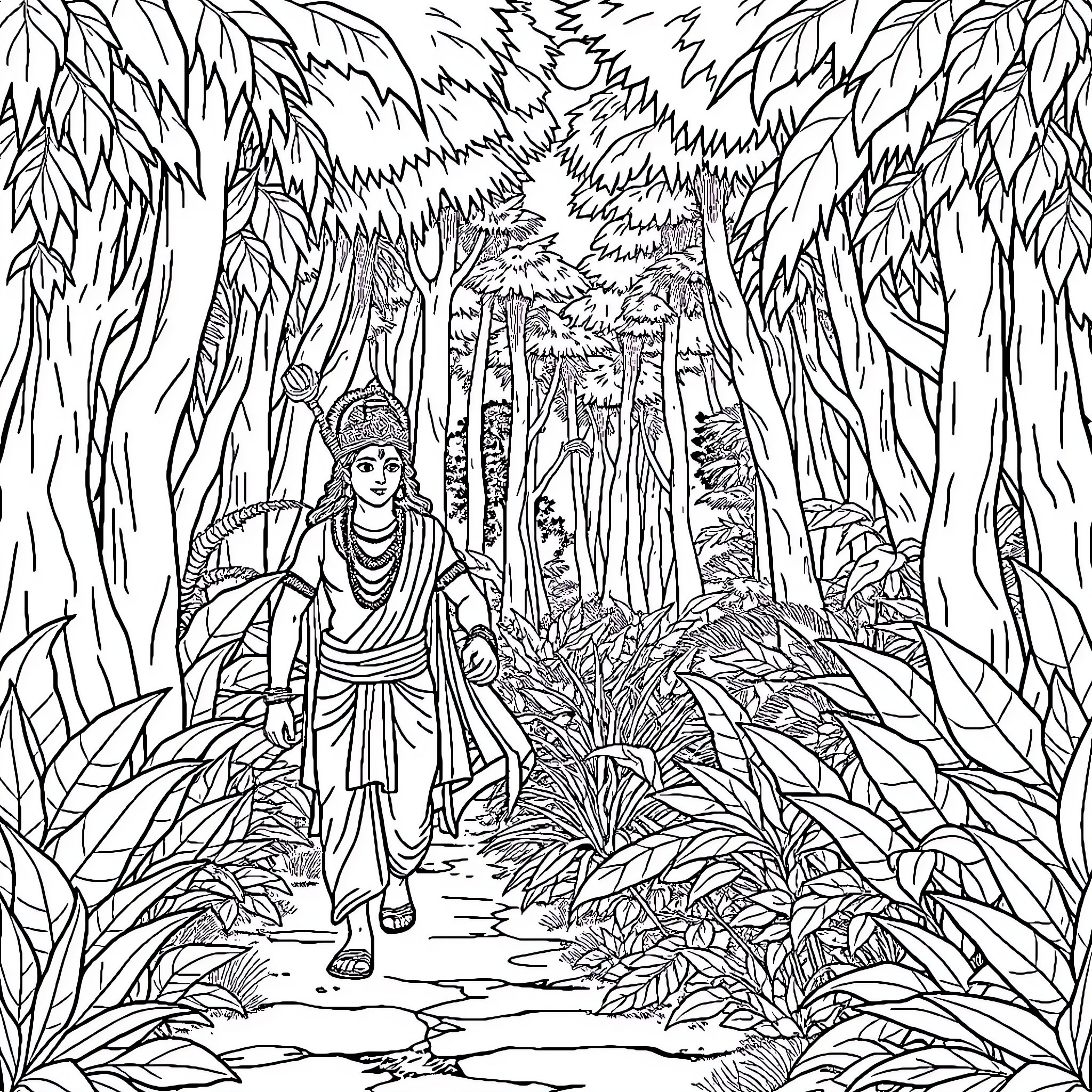 Rama's Journey Through the Enchanted Forest Coloring Page (free black-and-white line drawing printable PDF for all, from beginners to advanced learners, including children, teens, adults, and seniors)