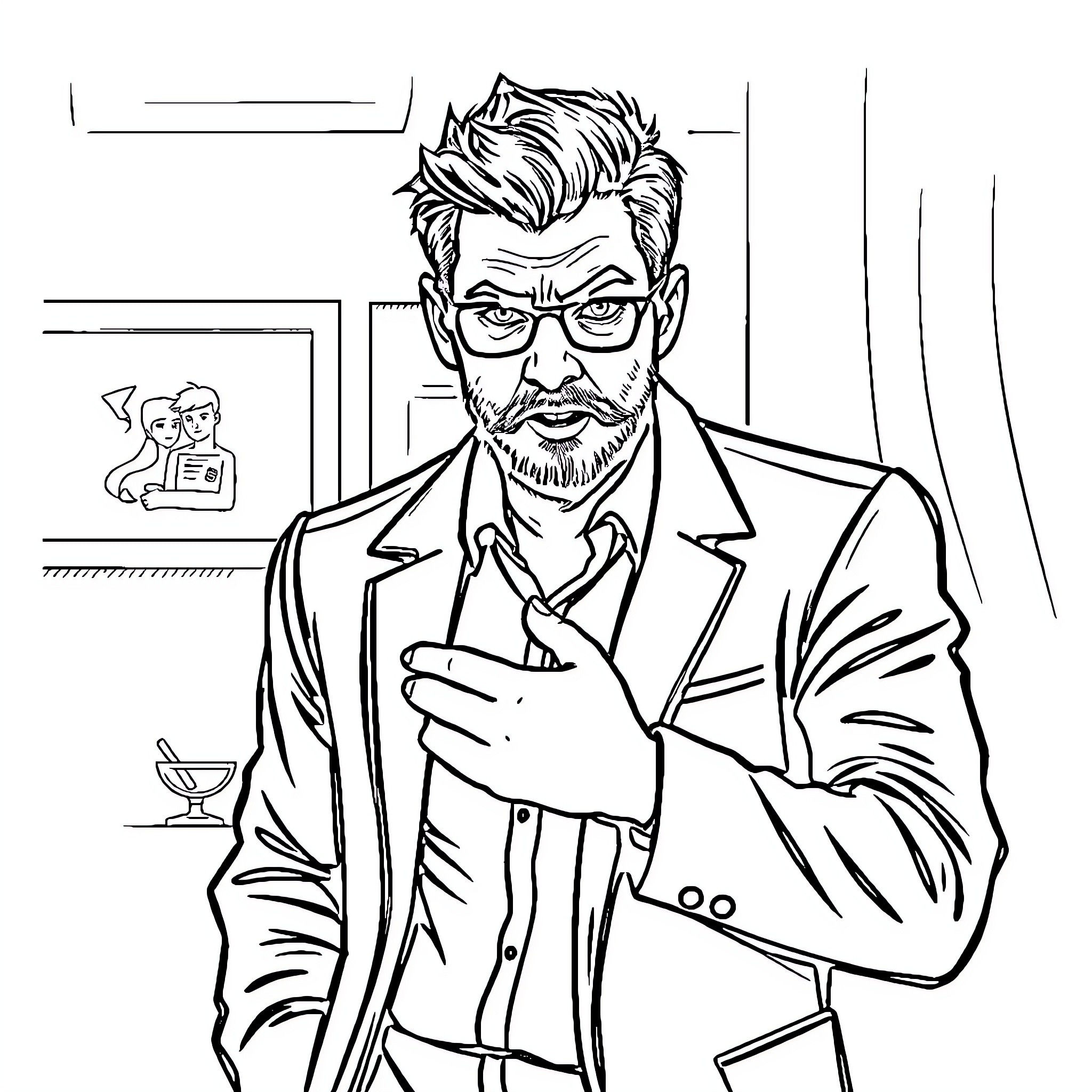 Husband in thoughtful pose in business office Coloring Page (free black-and-white line drawing printable PDF for all, from beginners to advanced learners, including children, teens, adults, and seniors)