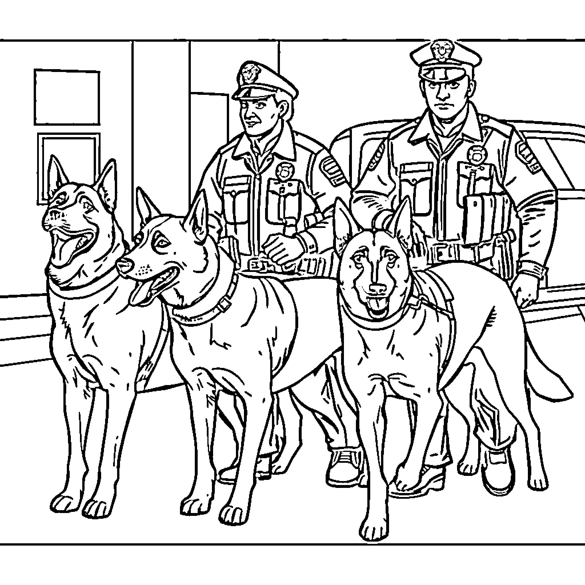 Police officers and K-9 unit in action Coloring Page (free black-and-white line drawing printable PDF for all, from beginners to advanced learners, including children, teens, adults, and seniors)