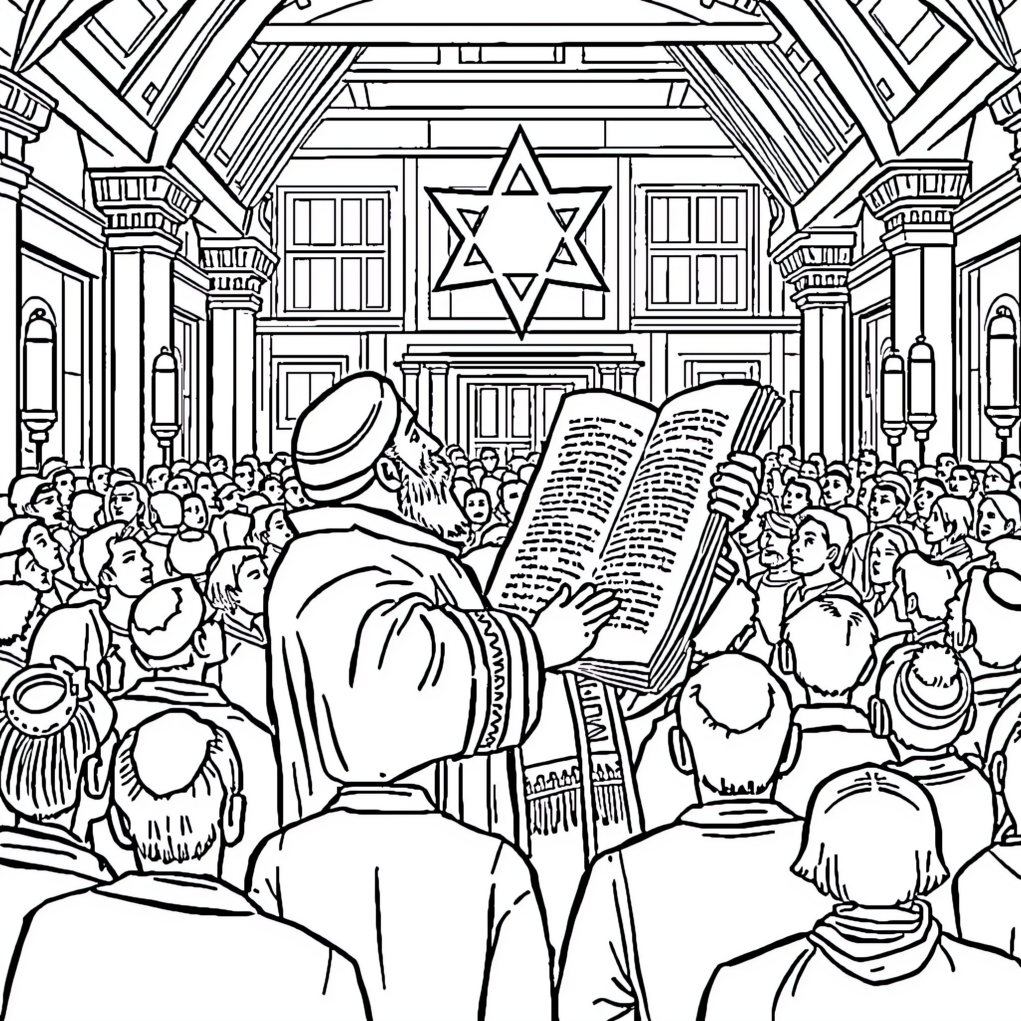 Rabbi leading prayers in ornate synagogue Coloring Page (free black-and-white line drawing printable PDF for all, from beginners to advanced learners, including children, teens, adults, and seniors)