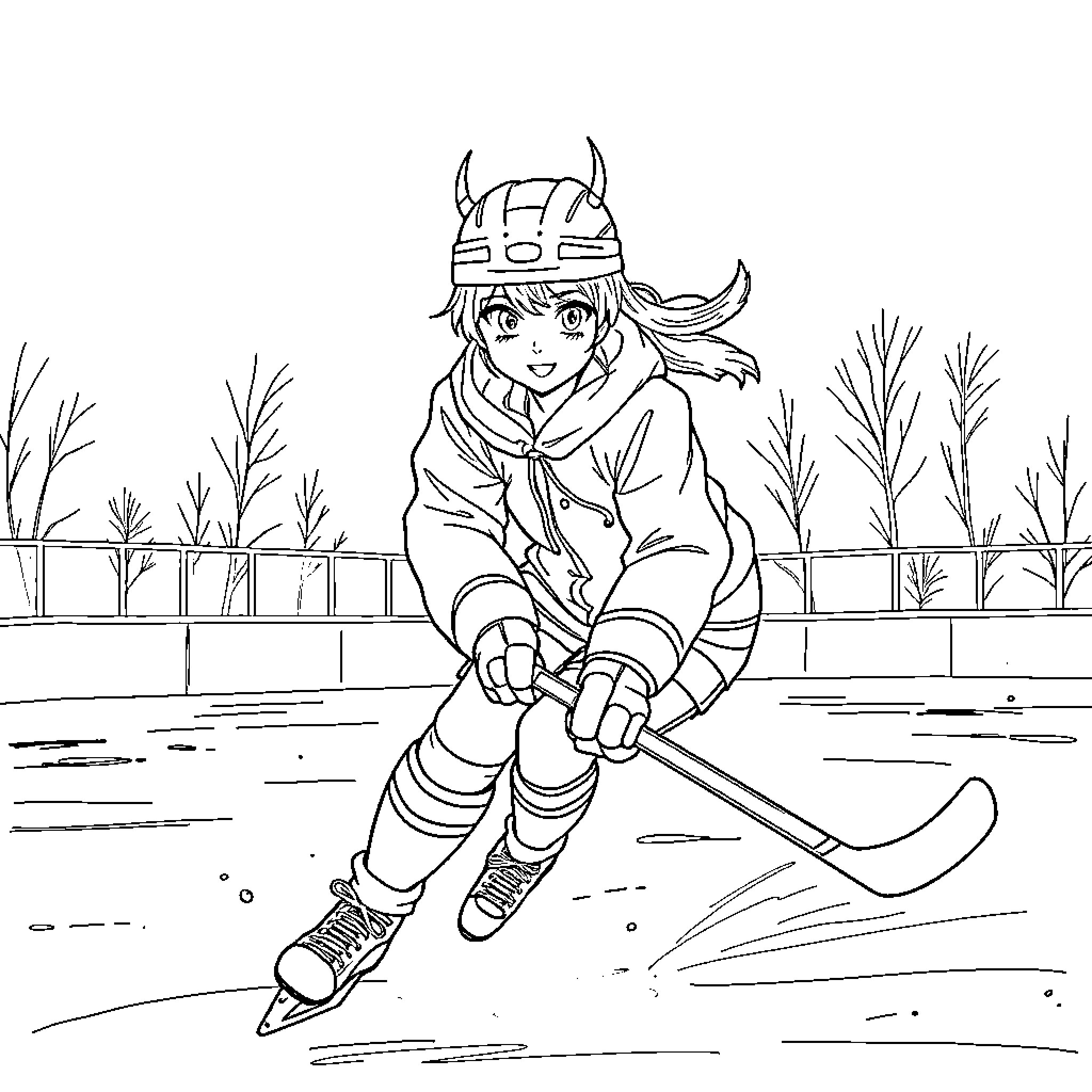 Zoë ice skating cheerfully on the rink Coloring Page (free black-and-white line drawing printable PDF for all, from beginners to advanced learners, including children, teens, adults, and seniors)