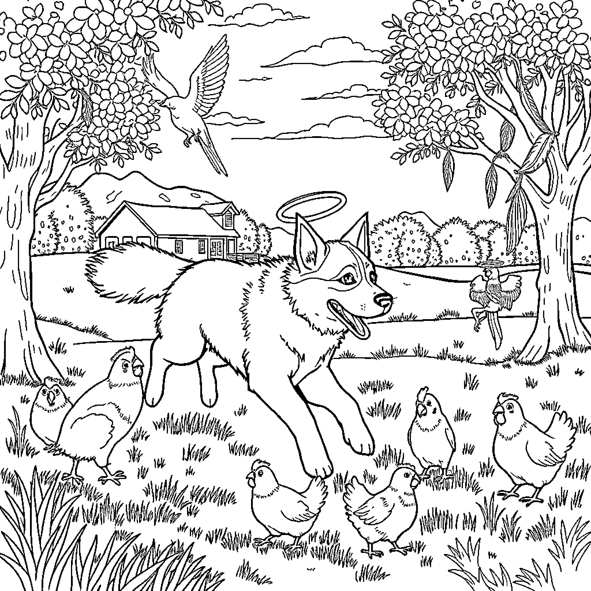 Husky exploring a nature scene with birds and farm animals Coloring Page (free black-and-white line drawing printable PDF for all, from beginners to advanced learners, including children, teens, adults, and seniors)