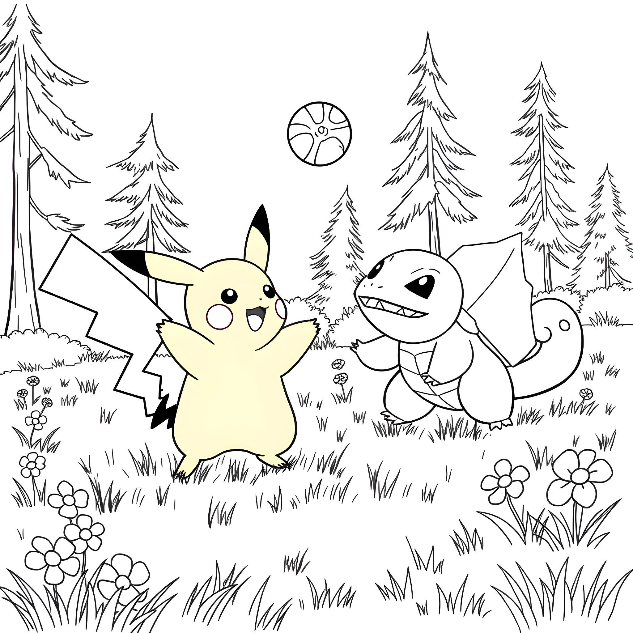 Pikachu and Squirtle playing in the forest Coloring Page (free black-and-white line drawing printable PDF for all, from beginners to advanced learners, including children, teens, adults, and seniors)