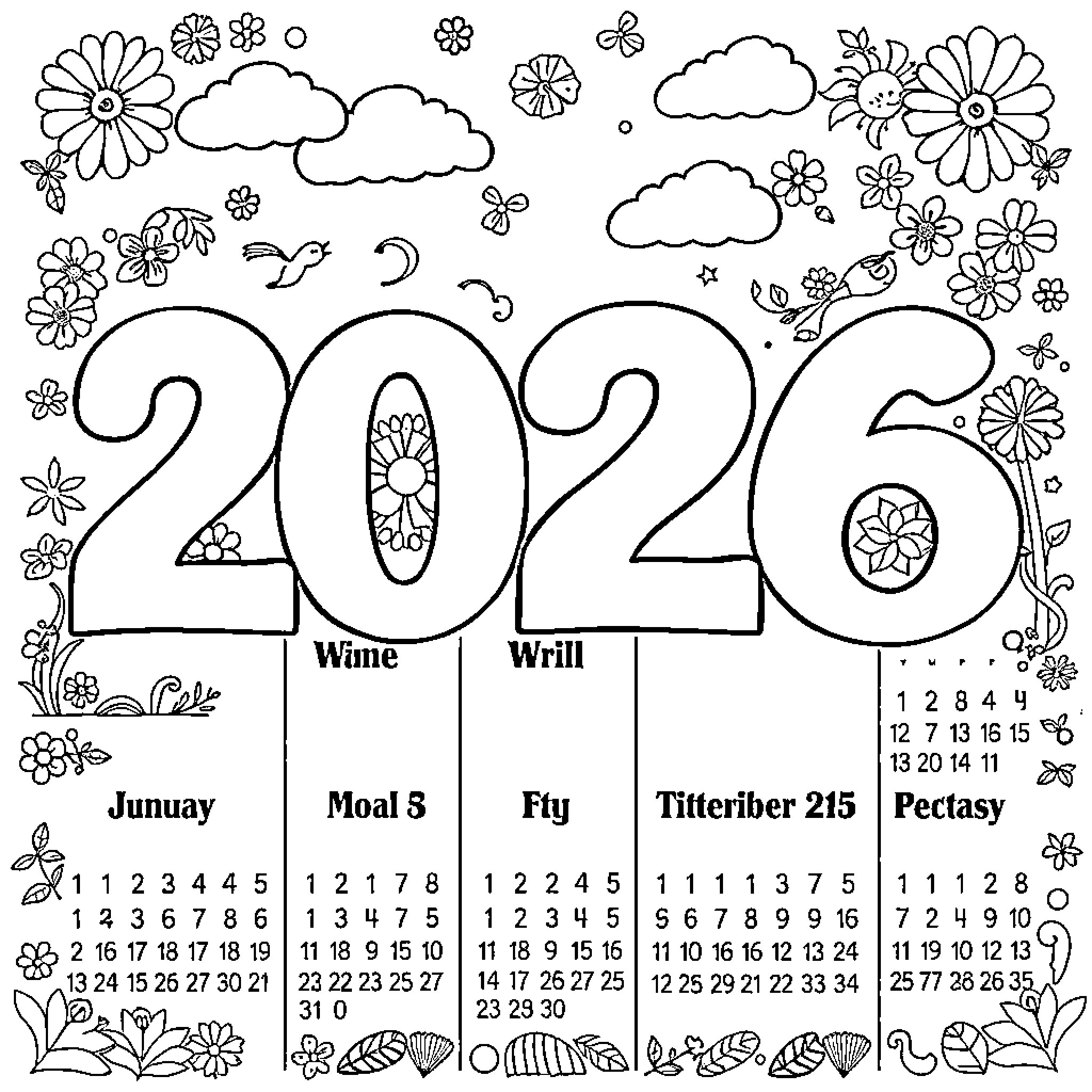 Calendar with floral designs and symbols Coloring Page (free black-and-white line drawing printable PDF for all, from beginners to advanced learners, including children, teens, adults, and seniors)