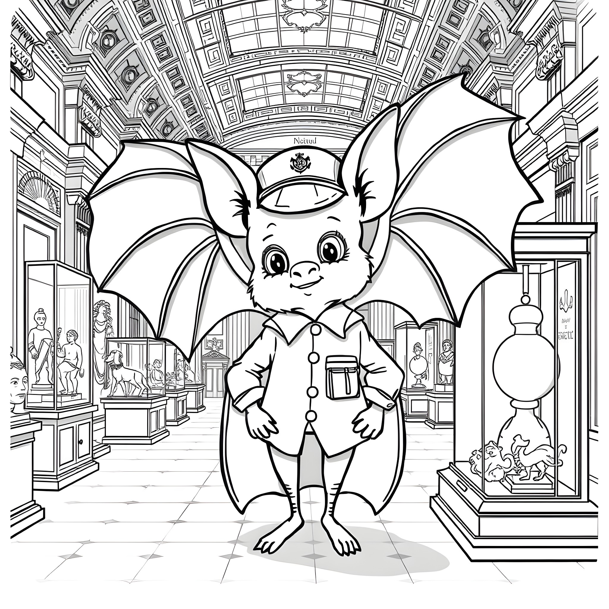 Bat in Fancy Attire Exploring Elegant Museum Coloring Page (free black-and-white line drawing printable PDF for all, from beginners to advanced learners, including children, teens, adults, and seniors)