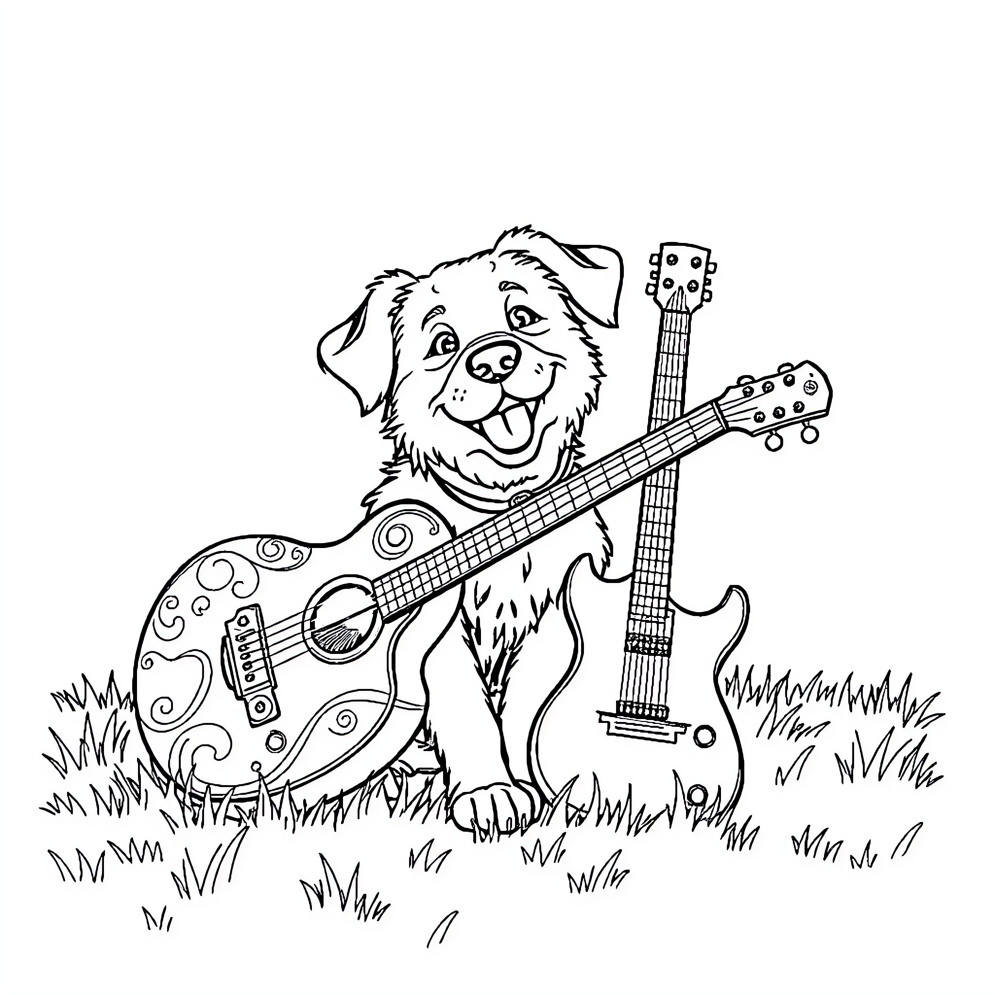 Dog playing guitar joyfully in the garden Coloring Page (free black-and-white line drawing printable PDF for all, from beginners to advanced learners, including children, teens, adults, and seniors)