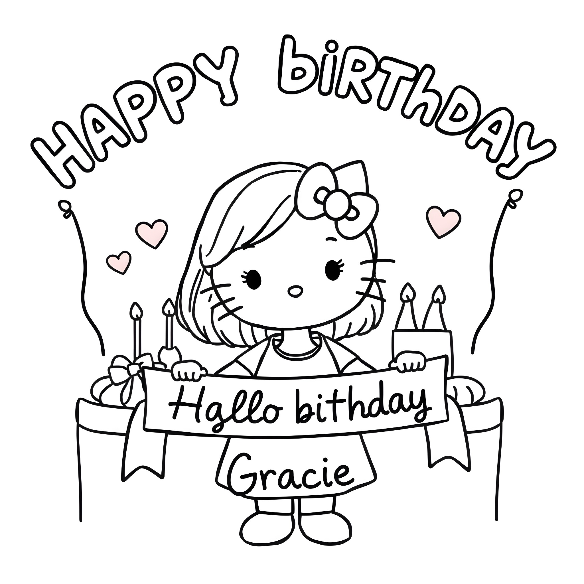 Hello Kitty celebrates a birthday with cake and decorations Coloring Page (free black-and-white line drawing printable PDF for all, from beginners to advanced learners, including children, teens, adults, and seniors)