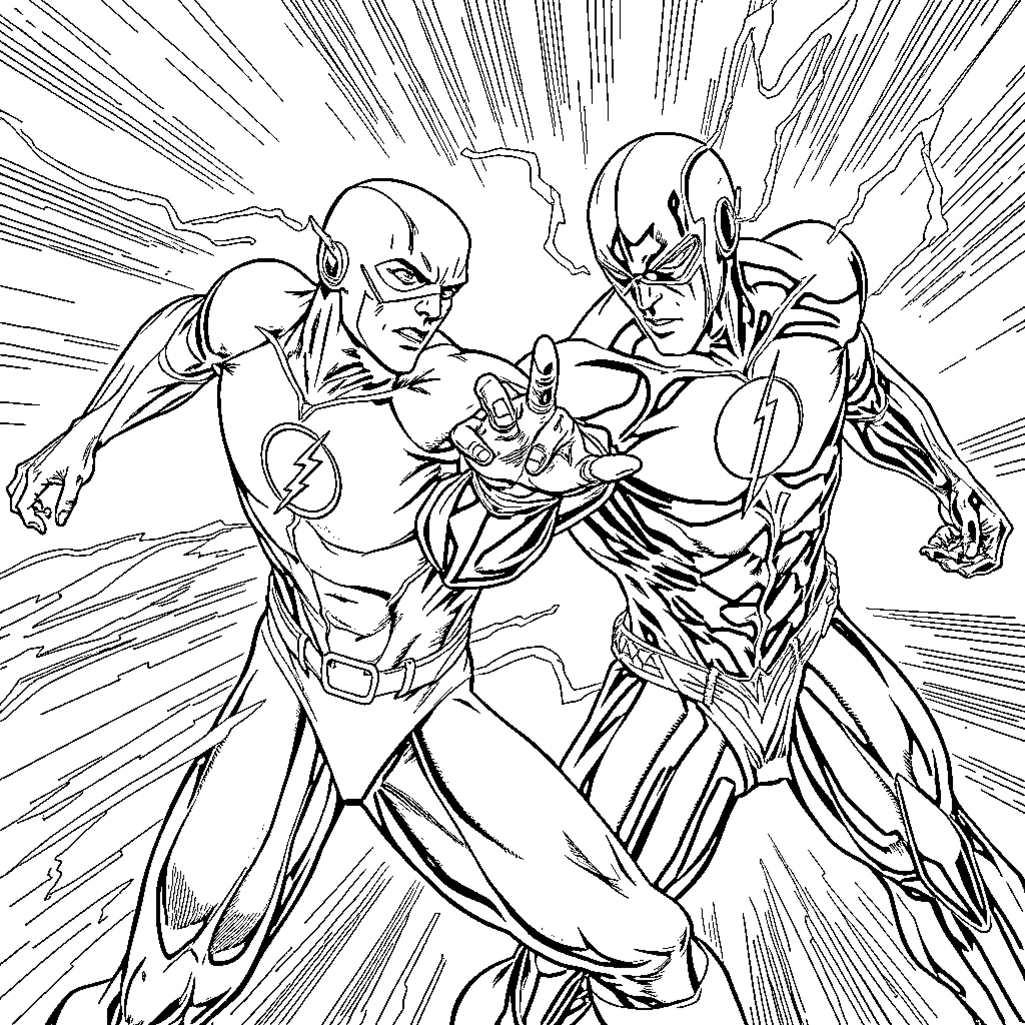 Flash Characters Engaged in Heroic Battle Coloring Page (free black-and-white line drawing printable PDF for all, from beginners to advanced learners, including children, teens, adults, and seniors)