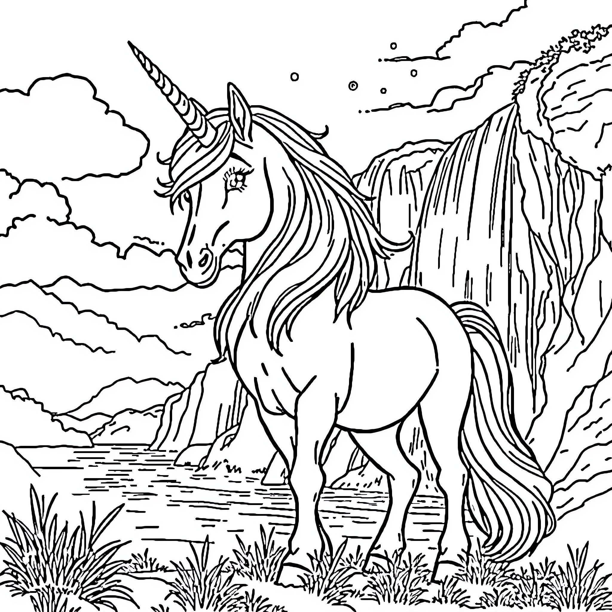 Unicorn standing majestic in enchanted landscape Coloring Page (free black-and-white line drawing printable PDF for all, from beginners to advanced learners, including children, teens, adults, and seniors)