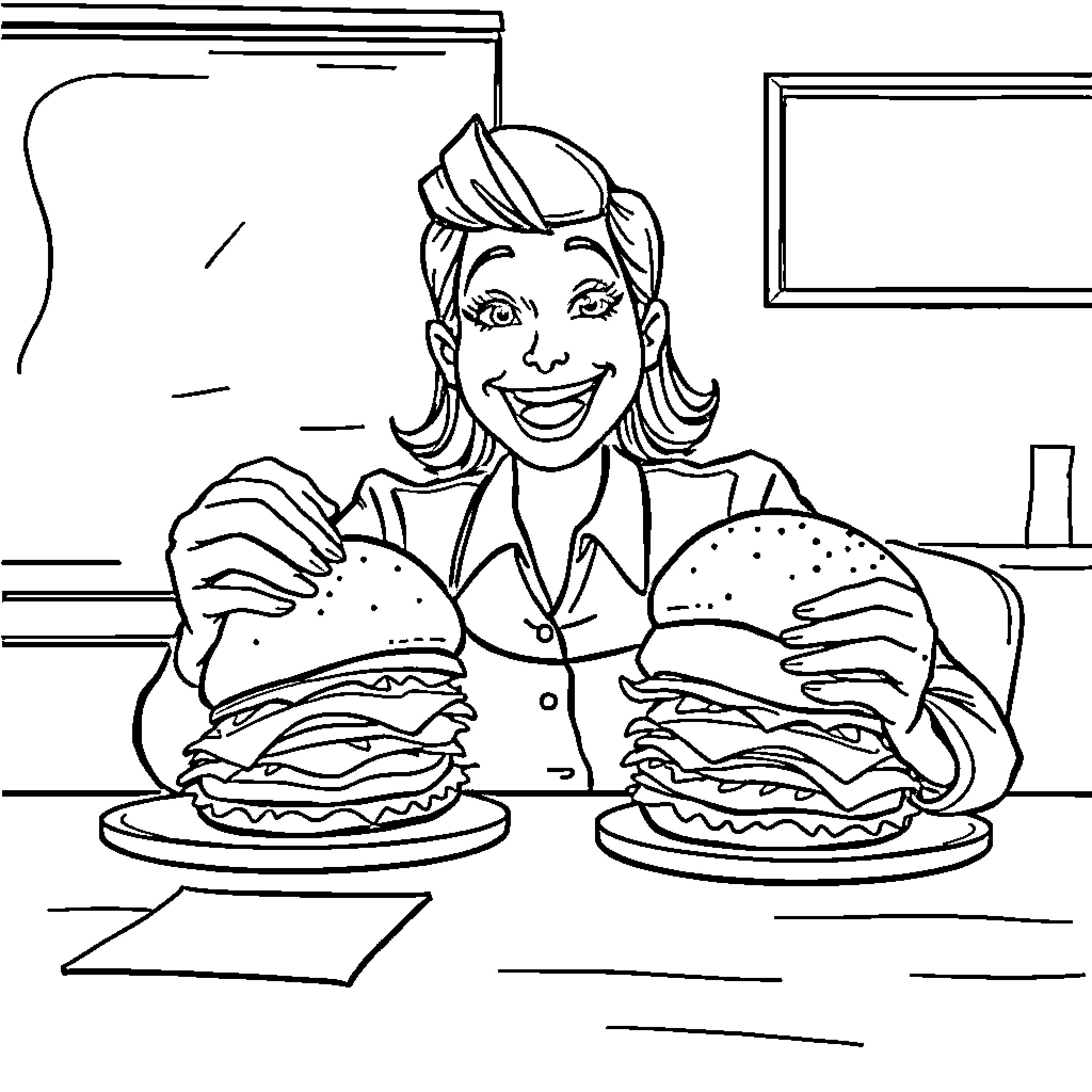 Teacher Serving Delicious Burgers to Students Coloring Page (free black-and-white line drawing printable PDF for all, from beginners to advanced learners, including children, teens, adults, and seniors)
