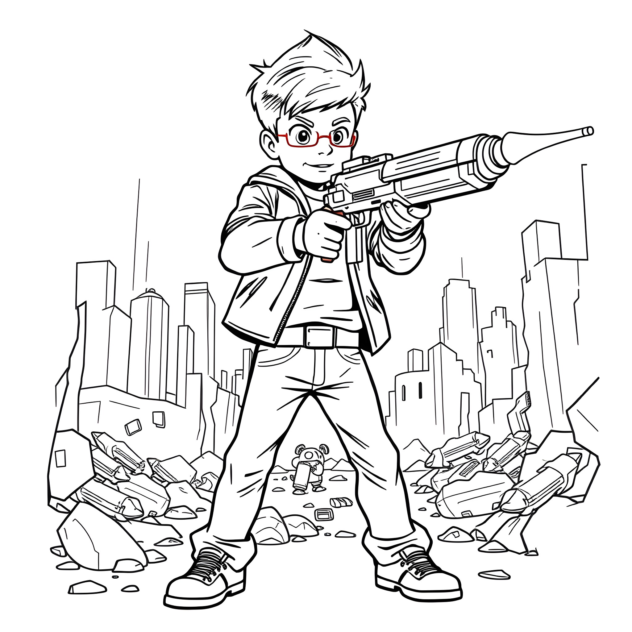 George standing tall with a weapon in a destroyed city Coloring Page (free black-and-white line drawing printable PDF for all, from beginners to advanced learners, including children, teens, adults, and seniors)