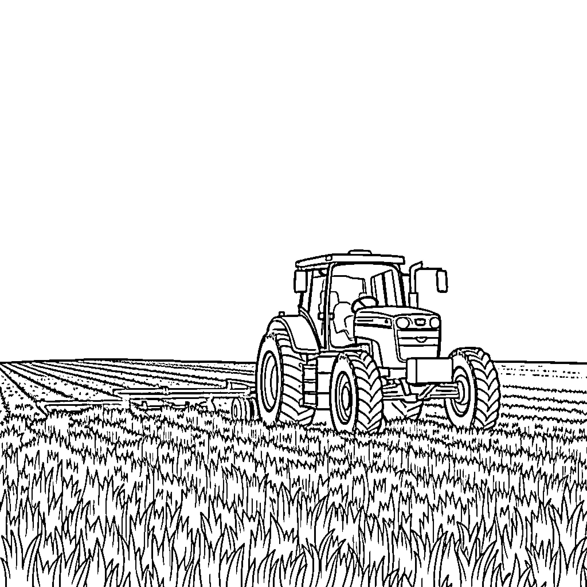 Tractor plowing through a field Coloring Page (free black-and-white line drawing printable PDF for all, from beginners to advanced learners, including children, teens, adults, and seniors)