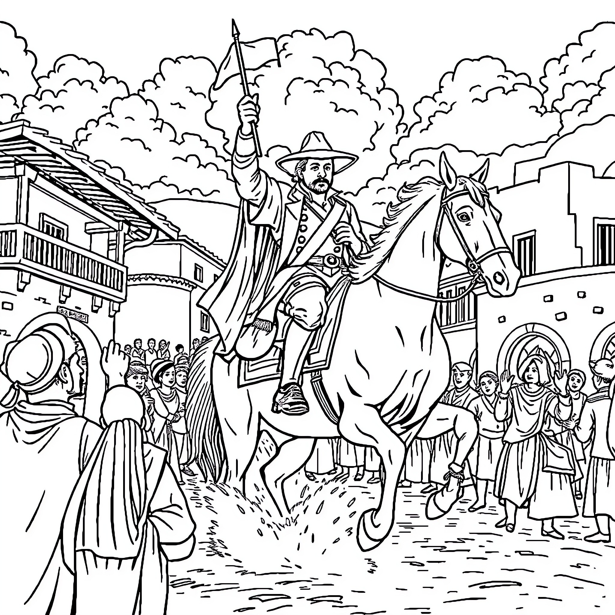 Simón Bolívar leading a triumphant parade on horseback Coloring Page (free black-and-white line drawing printable PDF for all, from beginners to advanced learners, including children, teens, adults, and seniors)