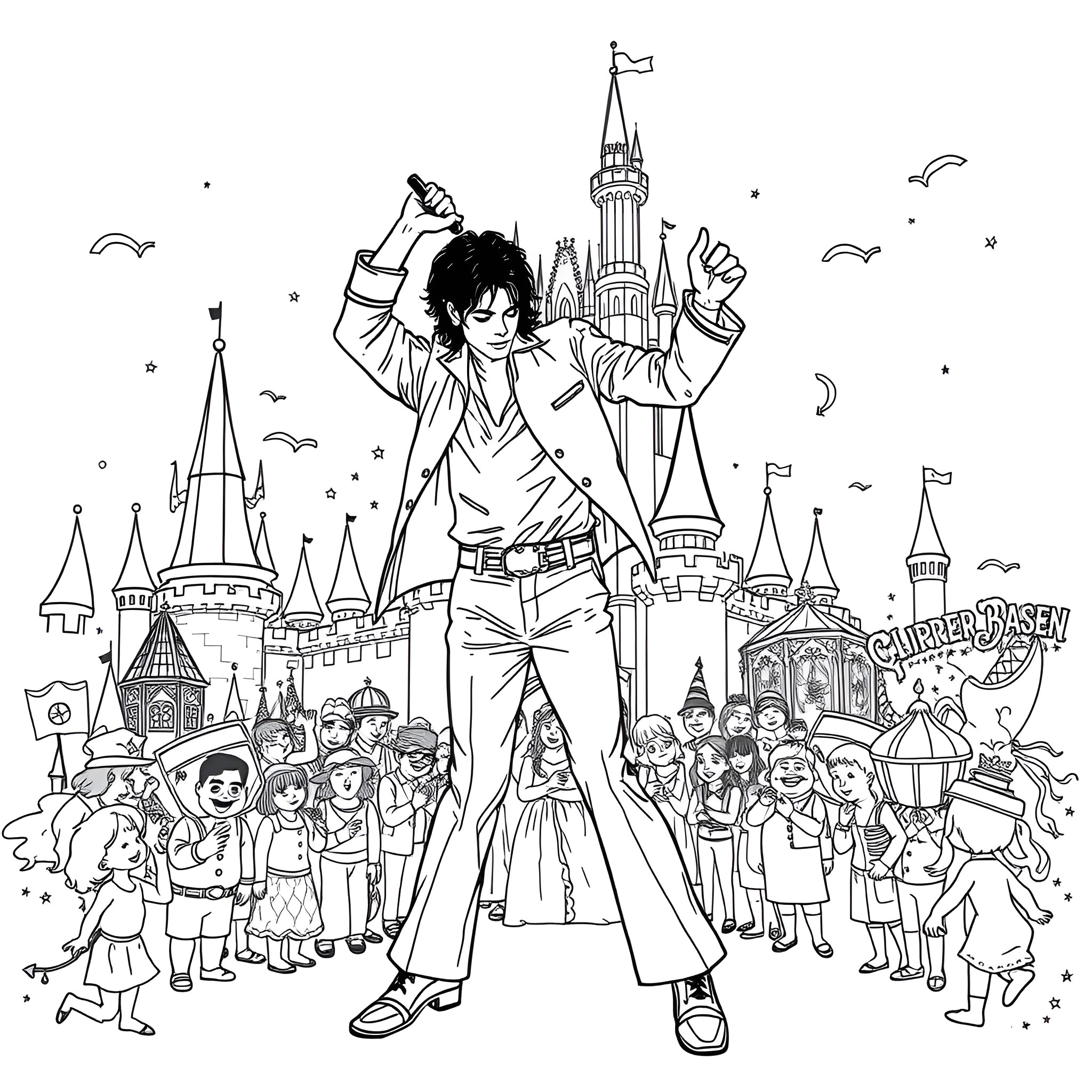 Michael Jackson entertaining crowds at a magical theme park Coloring Page (free black-and-white line drawing printable PDF for all, from beginners to advanced learners, including children, teens, adults, and seniors)