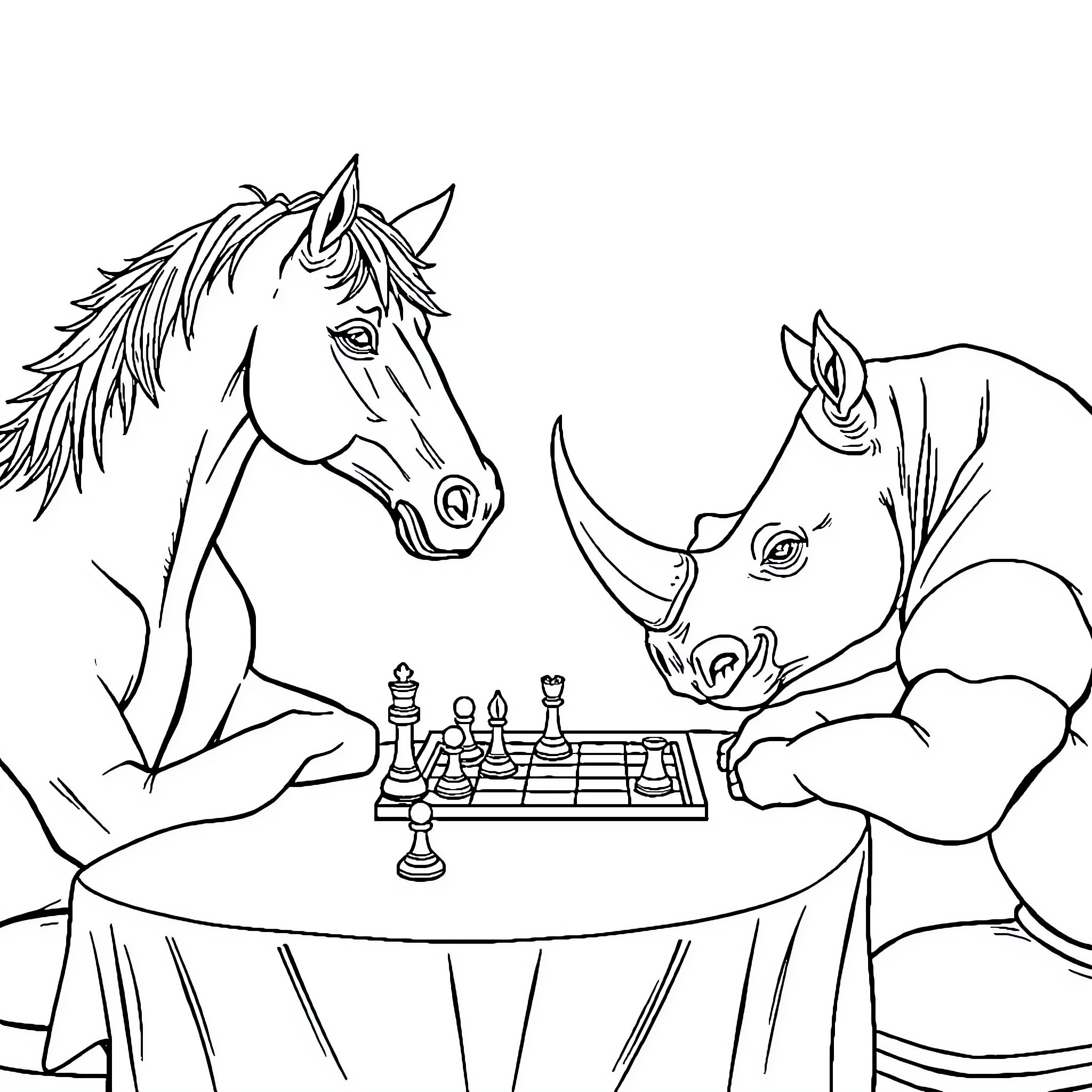 Horse chess match between two equine rivals Coloring Page (free black-and-white line drawing printable PDF for all, from beginners to advanced learners, including children, teens, adults, and seniors)