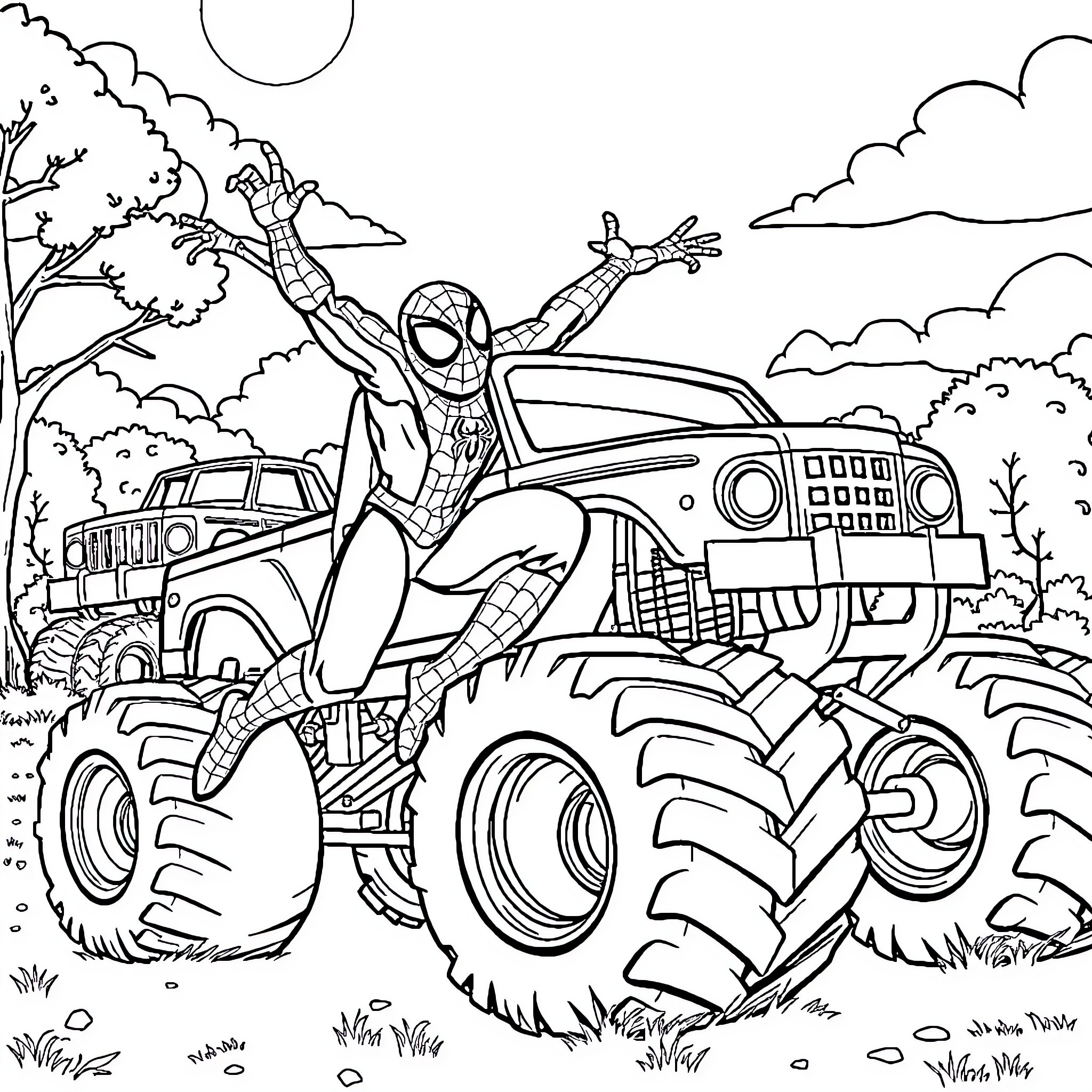 Spiderman swinging through the city in a monster truck Coloring Page (free black-and-white line drawing printable PDF for all, from beginners to advanced learners, including children, teens, adults, and seniors)
