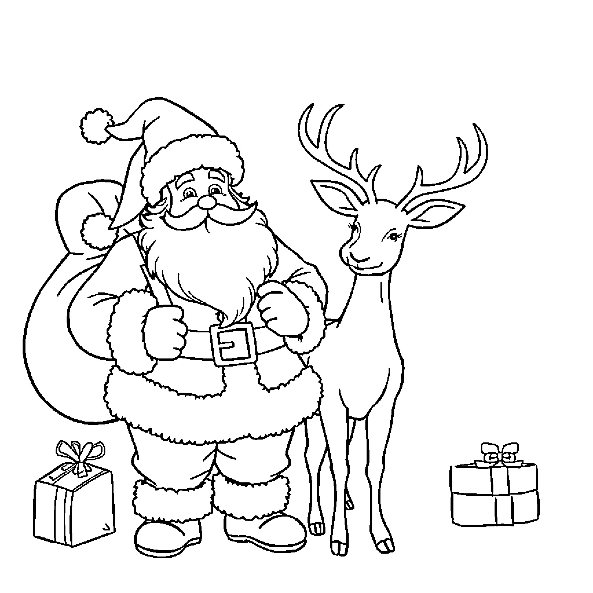 Santa and his reindeer friend with gifts Coloring Page (free black-and-white line drawing printable PDF for all, from beginners to advanced learners, including children, teens, adults, and seniors)