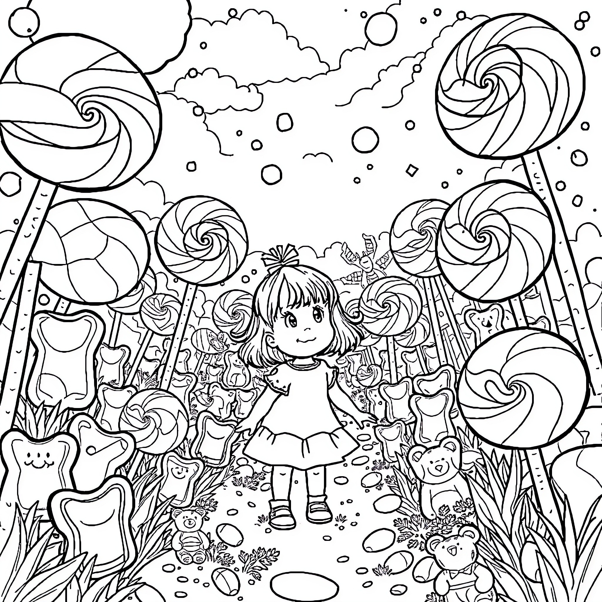 Girl in a Magical Candy Land Coloring Page (free black-and-white line drawing printable PDF for all, from beginners to advanced learners, including children, teens, adults, and seniors)