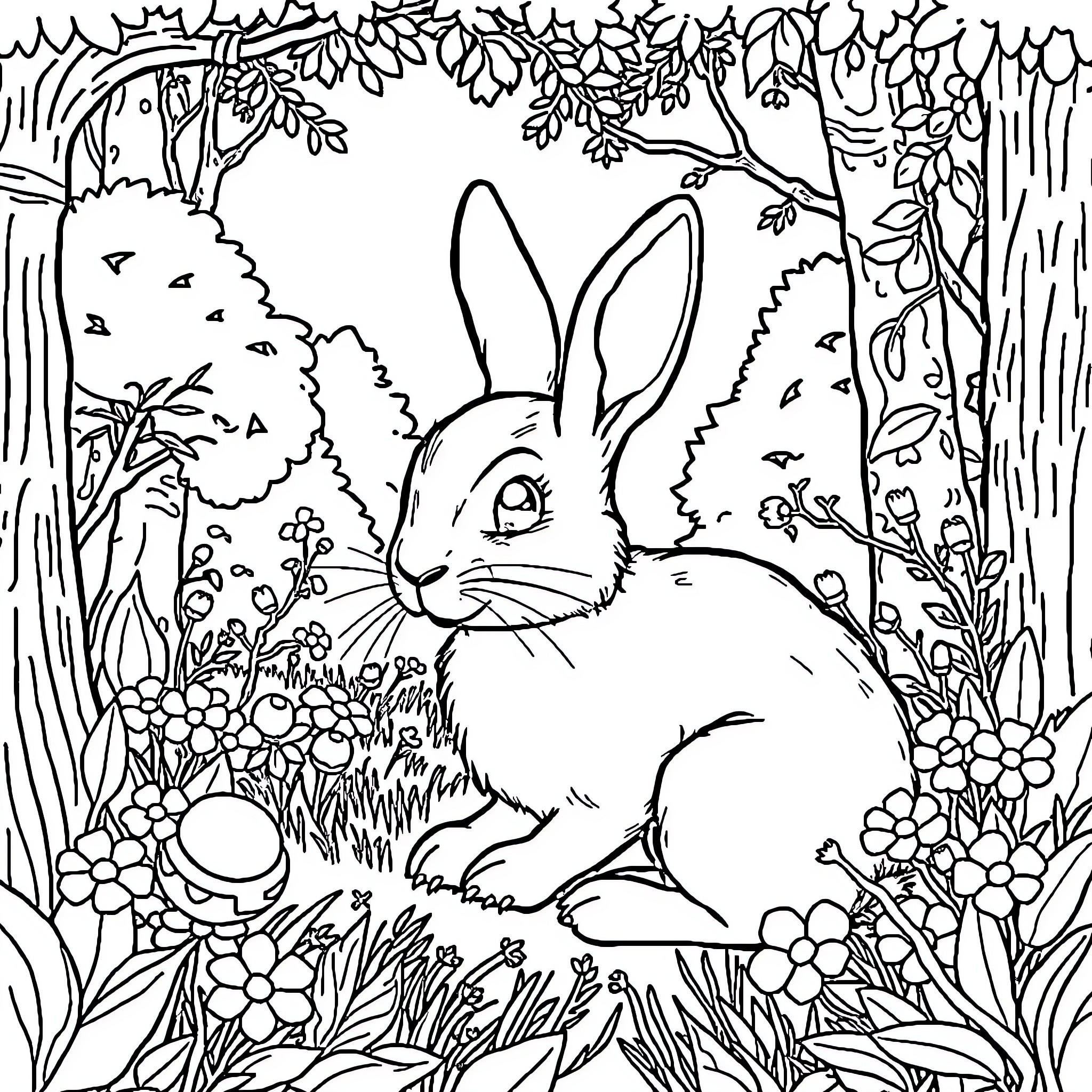 Rabbit in a peaceful forest scene Coloring Page (free black-and-white line drawing printable PDF for all, from beginners to advanced learners, including children, teens, adults, and seniors)
