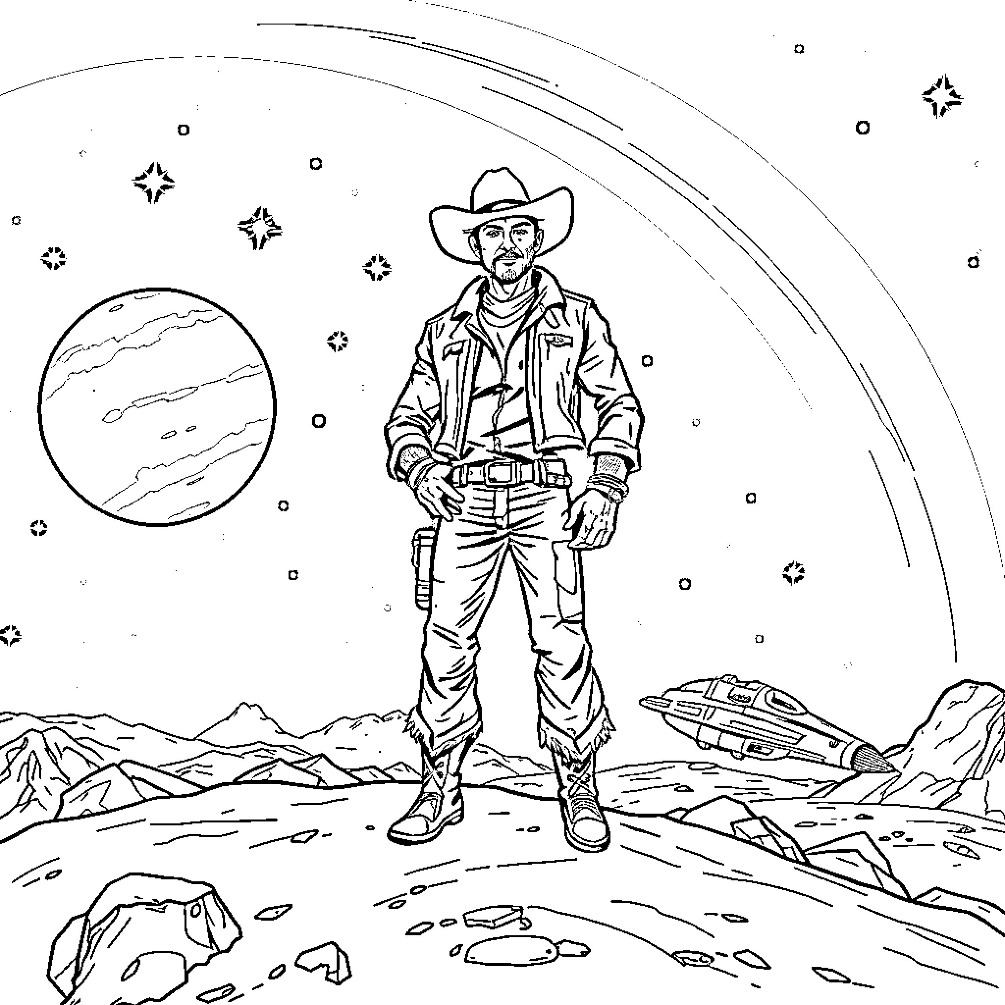 Cowboy exploring alien landscape with spacecraft Coloring Page (free black-and-white line drawing printable PDF for all, from beginners to advanced learners, including children, teens, adults, and seniors)