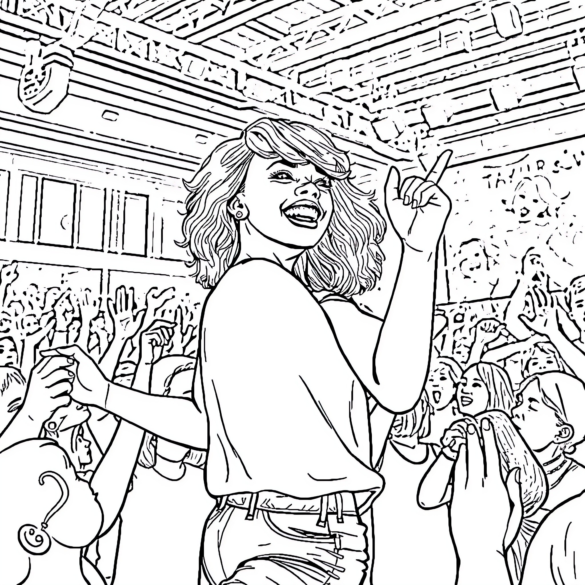 Teenager performs enthusiastically on stage with crowd Coloring Page (free black-and-white line drawing printable PDF for all, from beginners to advanced learners, including children, teens, adults, and seniors)