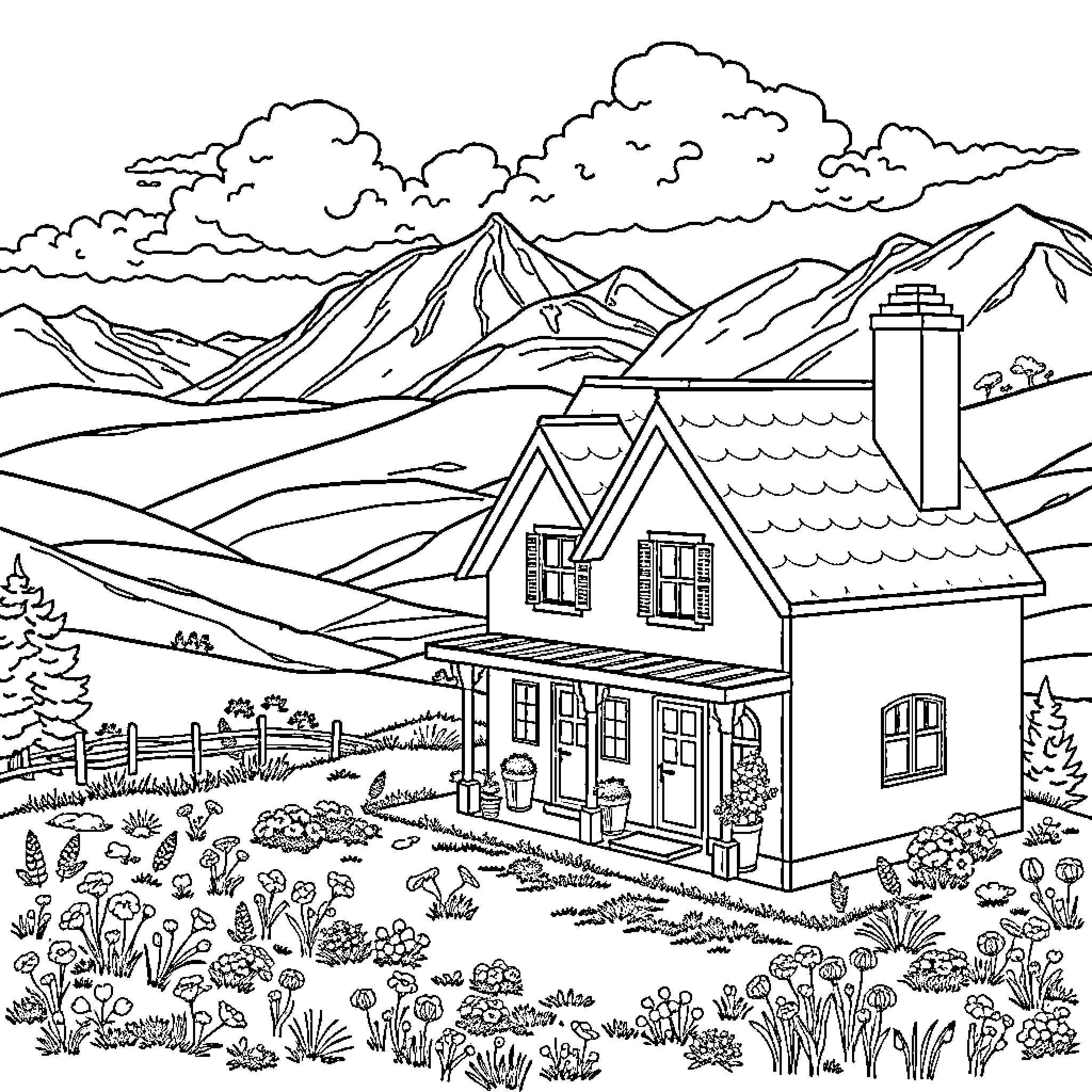 Dollhouse in a scenic mountain landscape Coloring Page (free black-and-white line drawing printable PDF for all, from beginners to advanced learners, including children, teens, adults, and seniors)