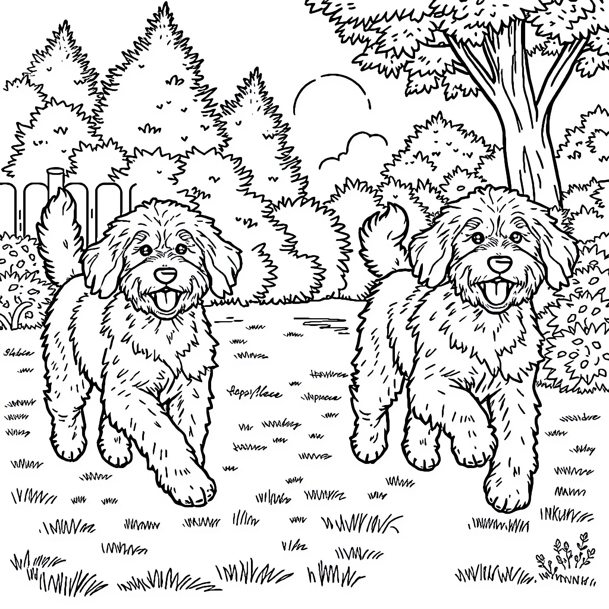 Doodle of playful dogs in the forest Coloring Page (free black-and-white line drawing printable PDF for all, from beginners to advanced learners, including children, teens, adults, and seniors)