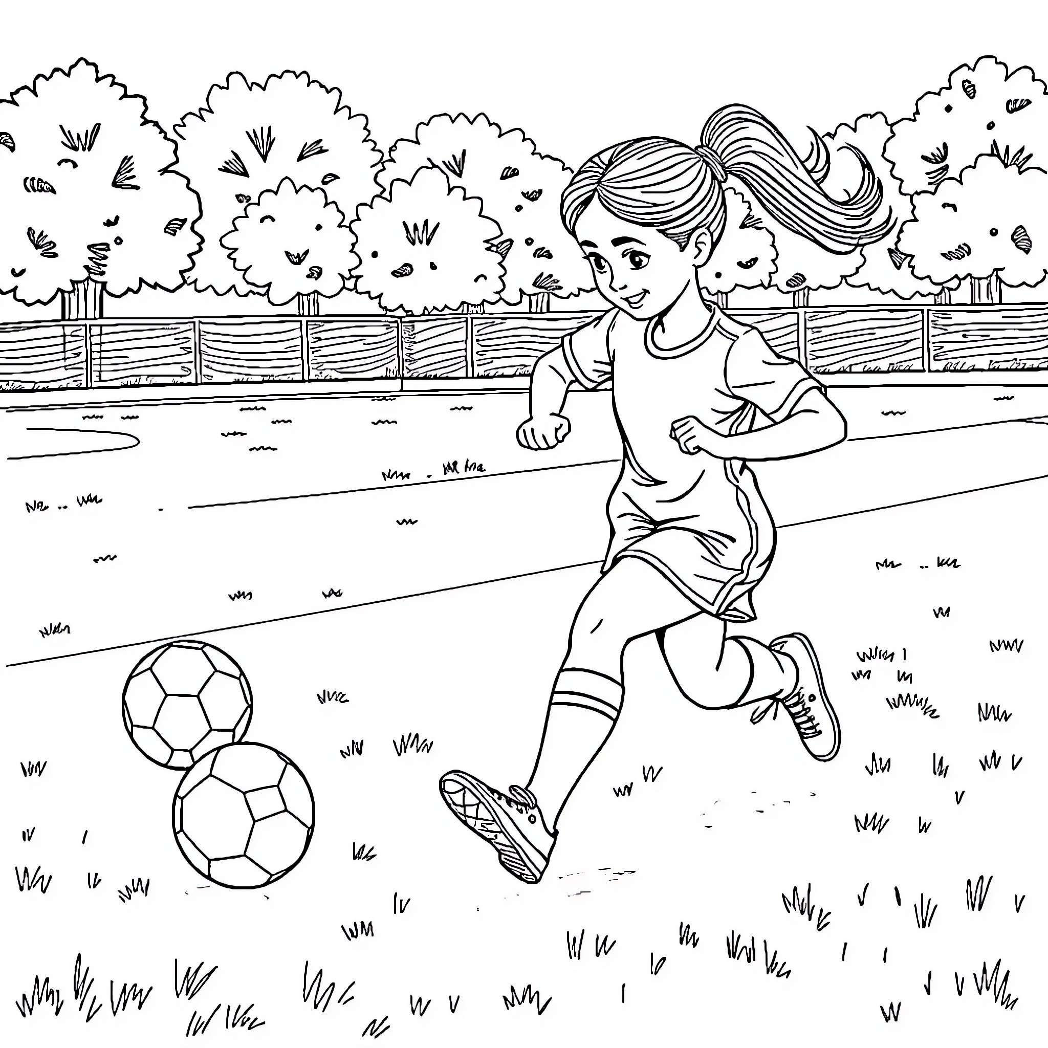 Gaby playing soccer happily in the park Coloring Page (free black-and-white line drawing printable PDF for all, from beginners to advanced learners, including children, teens, adults, and seniors)